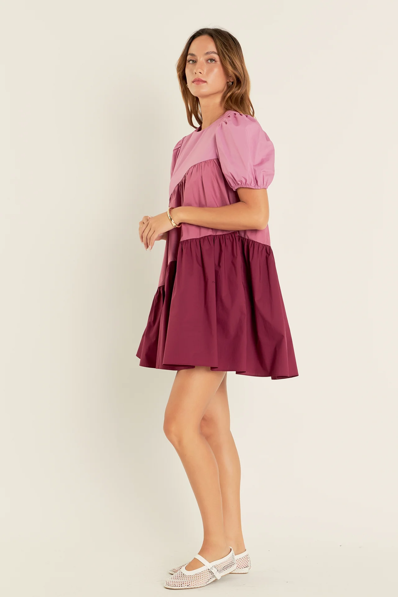 Asymmetrical Colorblock Puff Sleeve Dress - Image 3