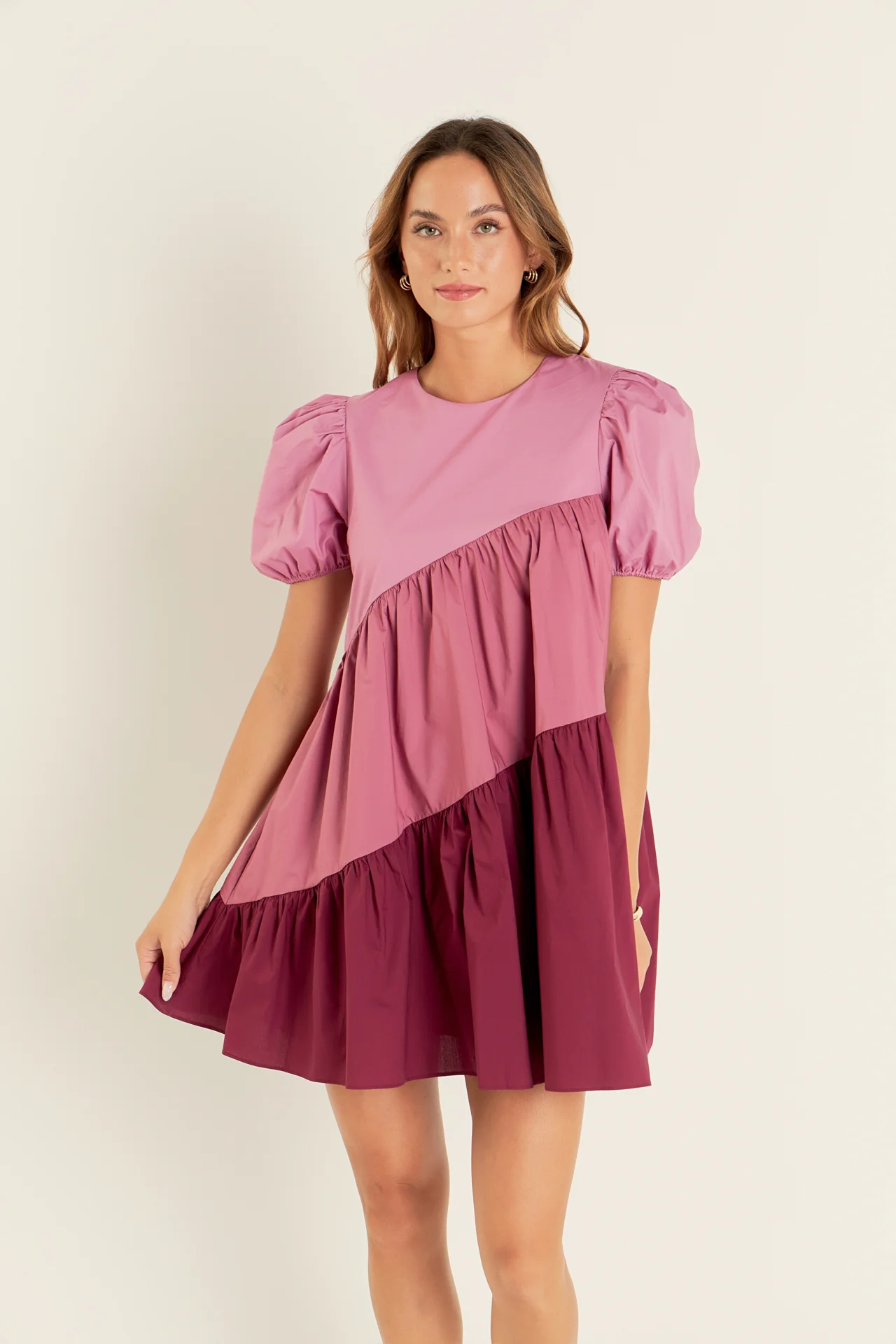 Asymmetrical Colorblock Puff Sleeve Dress - Image 5