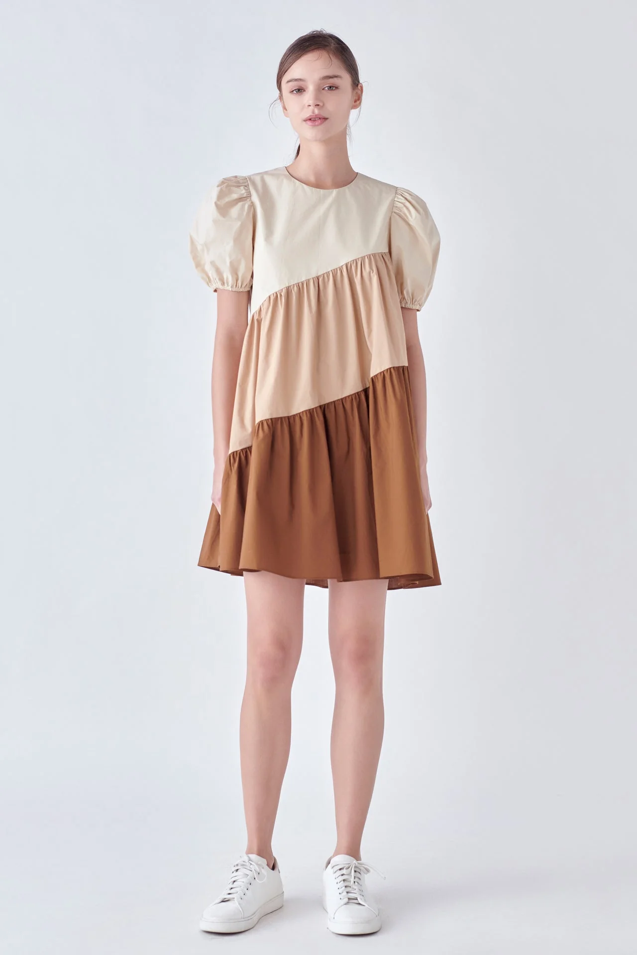 Asymmetrical Colorblock Puff Sleeve Dress - Image 6