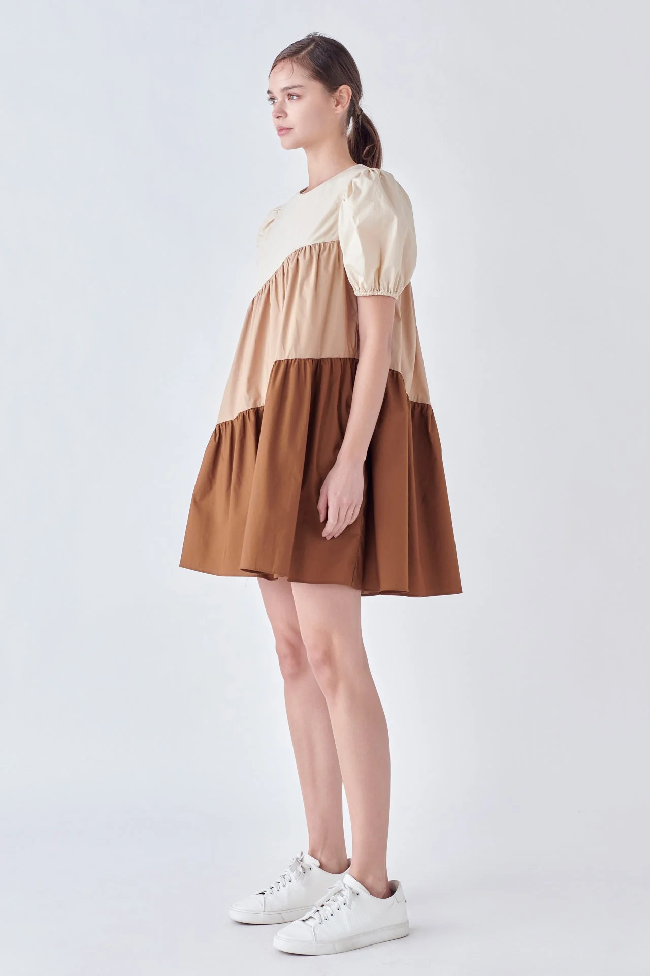 Asymmetrical Colorblock Puff Sleeve Dress - Image 8