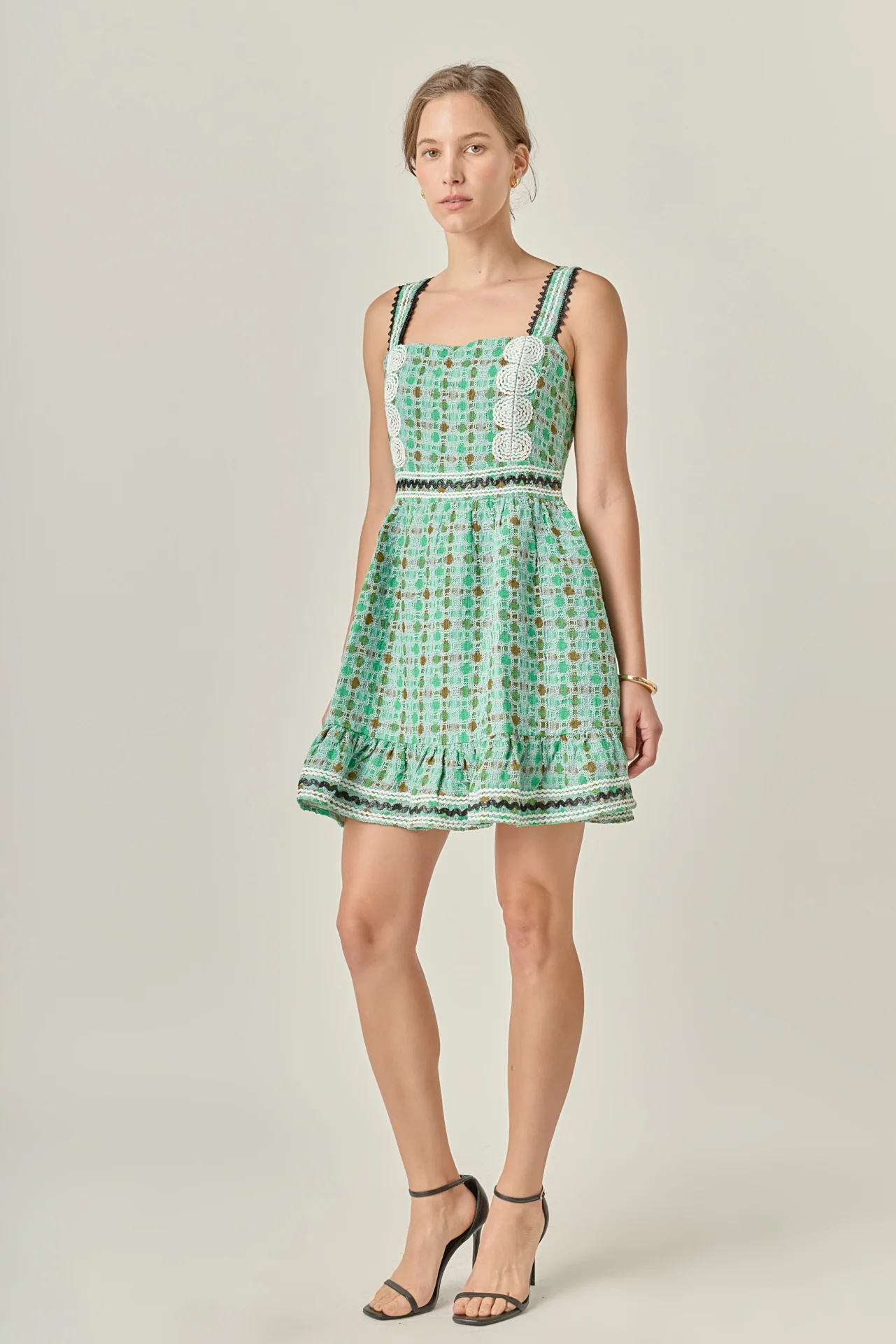 Boucle Square Neck Mini Dress With Ric Rac Trim - Image 3