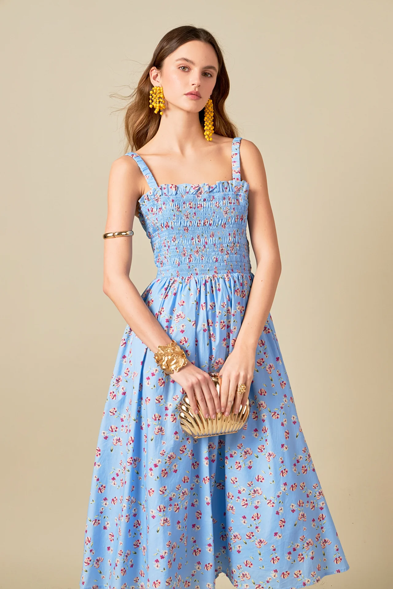 Floral Print Smocked Dress in Blue - Image 5