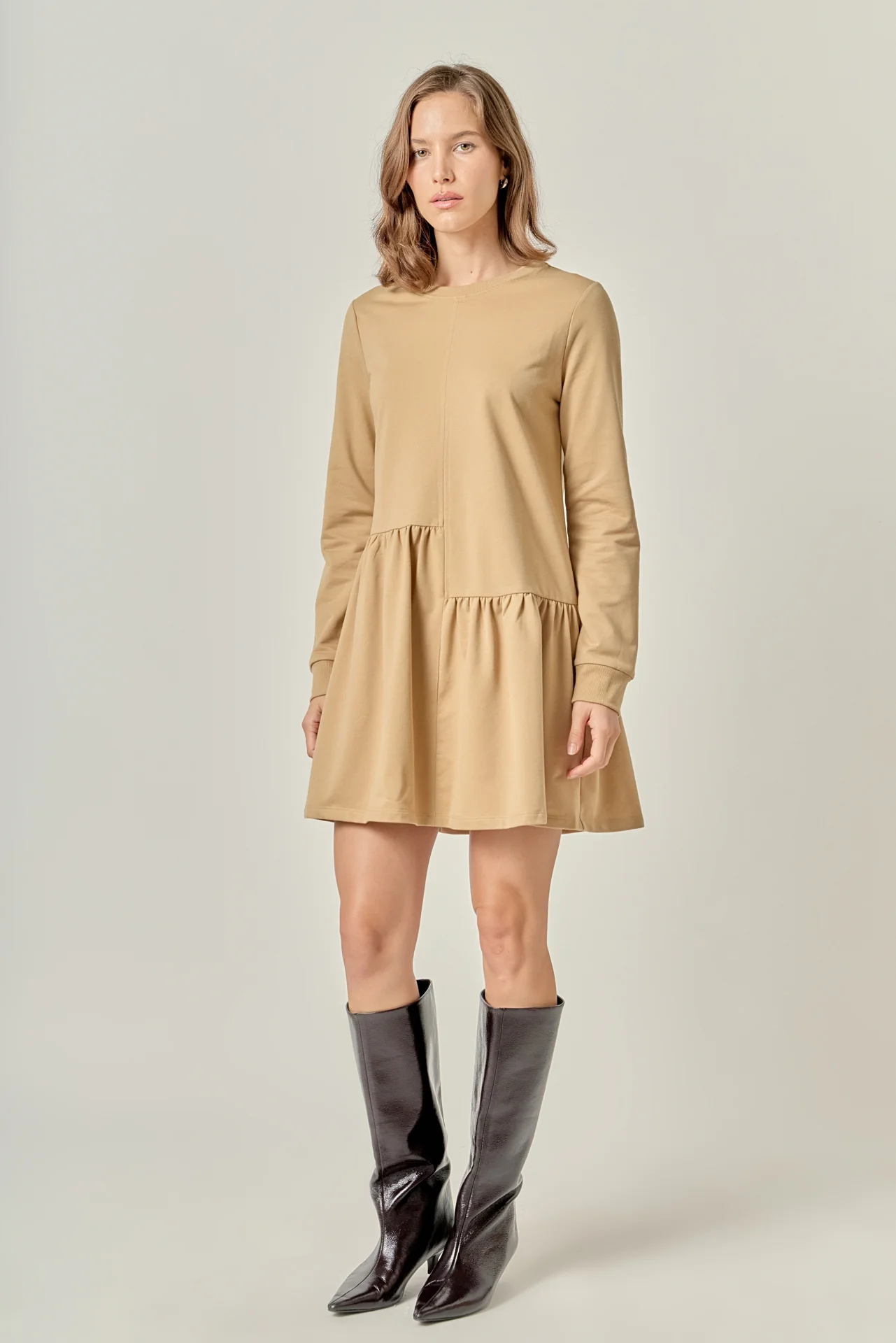 Knit Unbalanced Seam Dress - Tan - Image 3