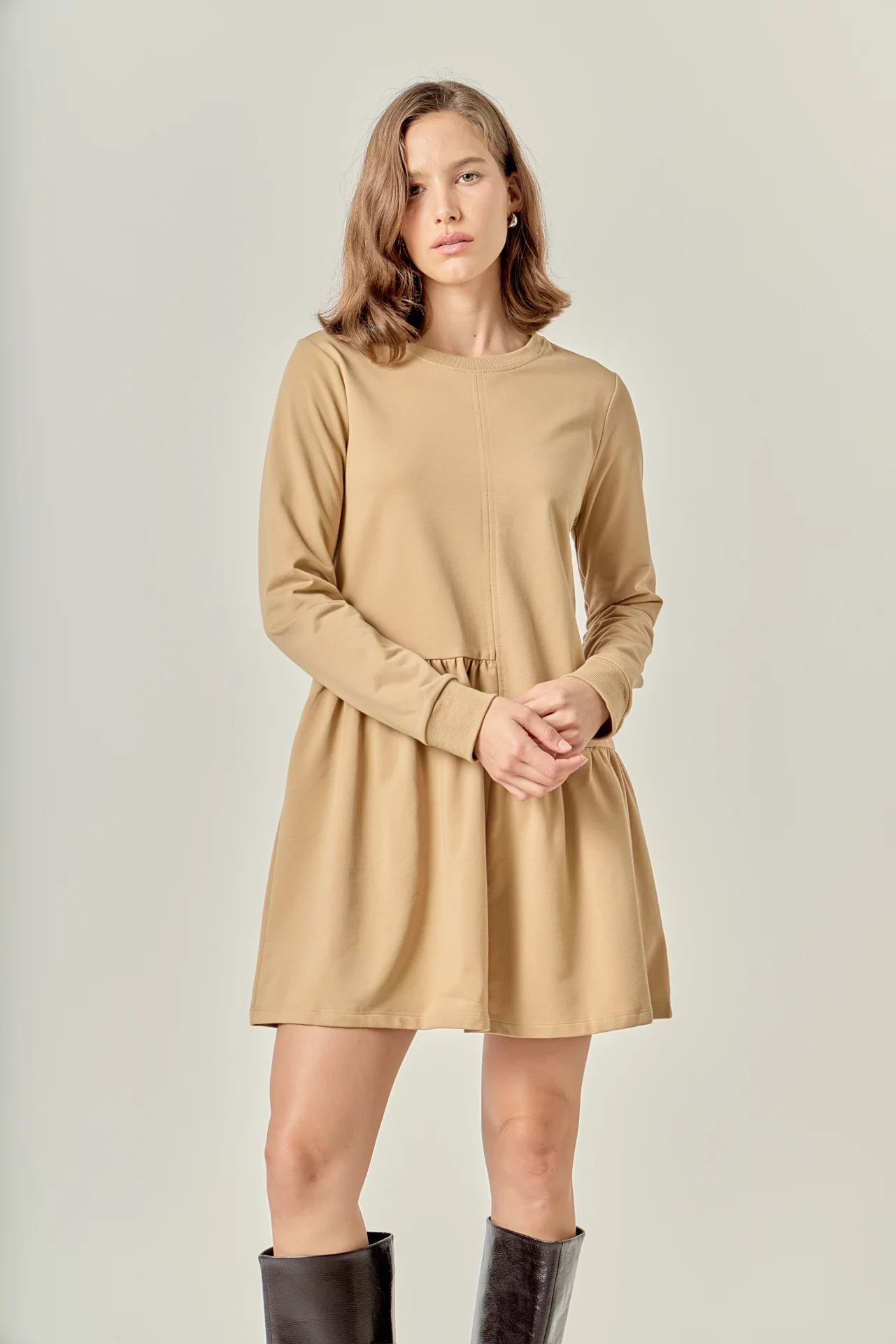 Knit Unbalanced Seam Dress - Tan - Image 5