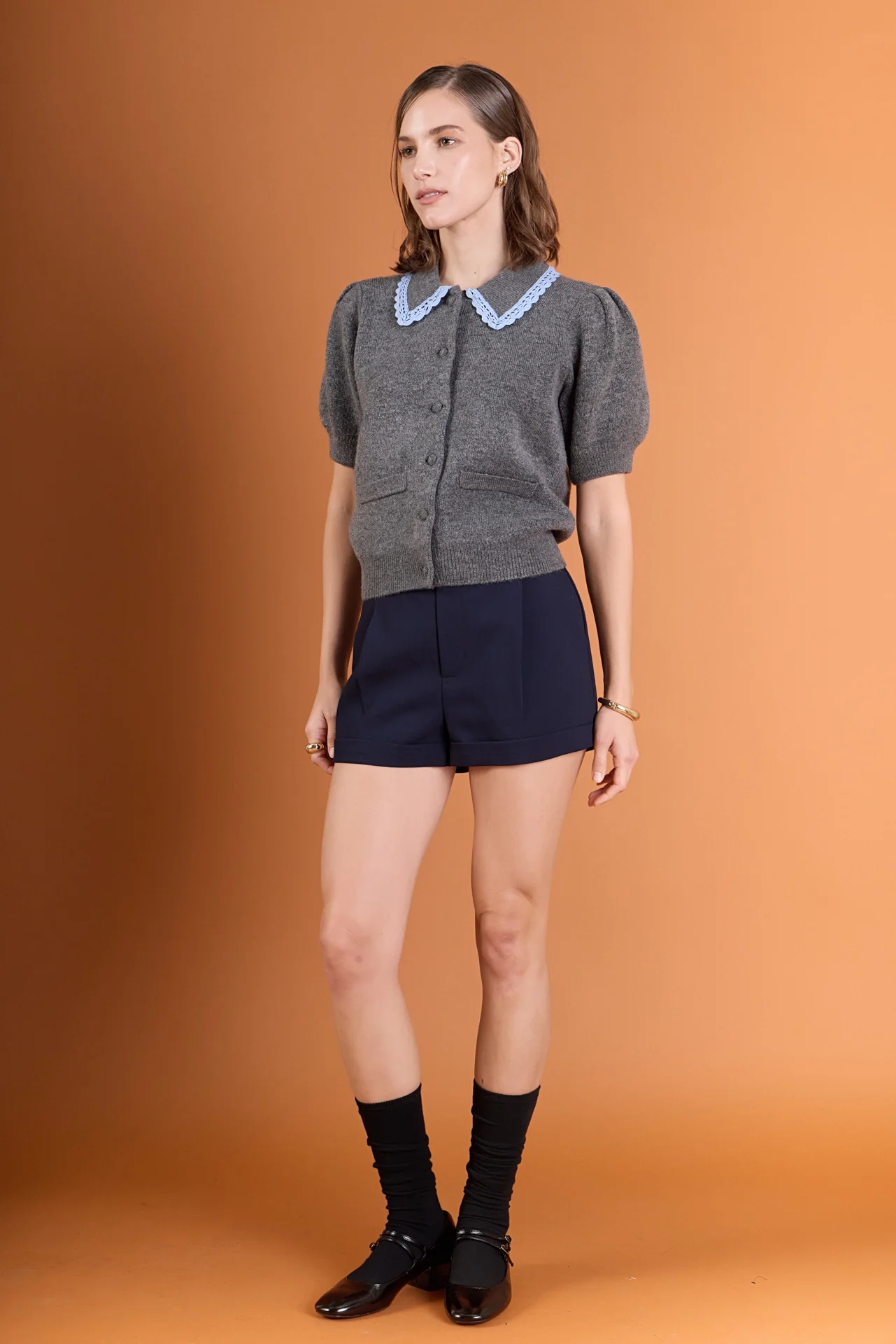 Lace Trimmed Puff Sleeve Knit Cardigan - Image 3