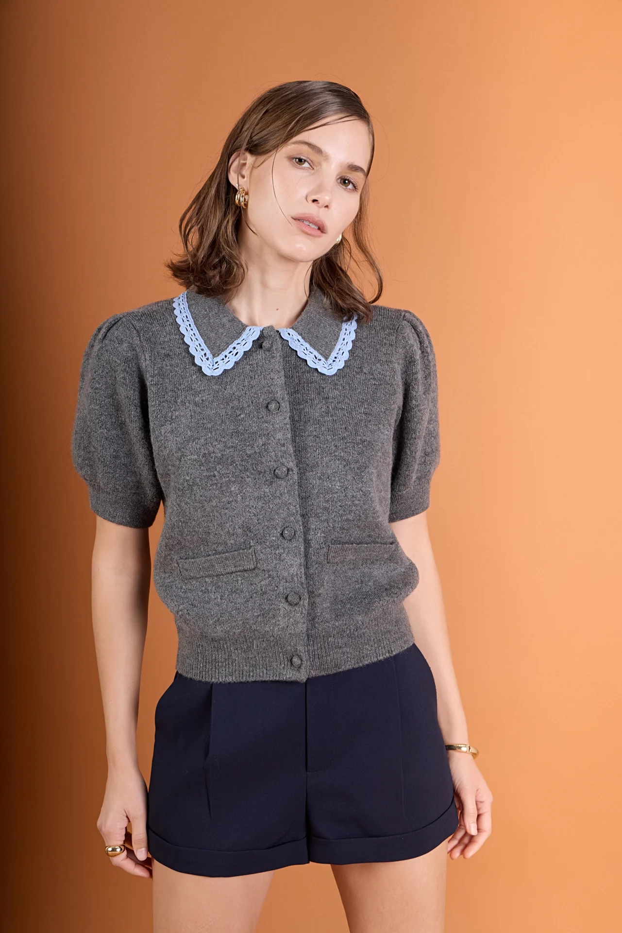 Lace Trimmed Puff Sleeve Knit Cardigan - Image 5