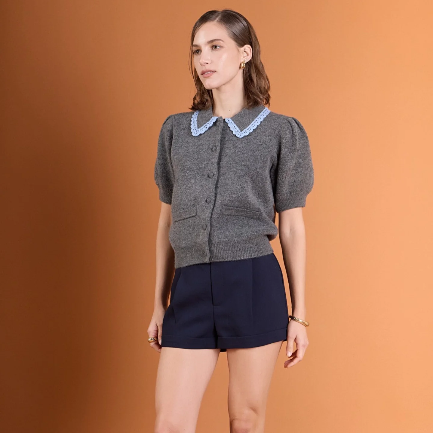 Lace Trimmed Puff Sleeve Knit Cardigan - Image 6