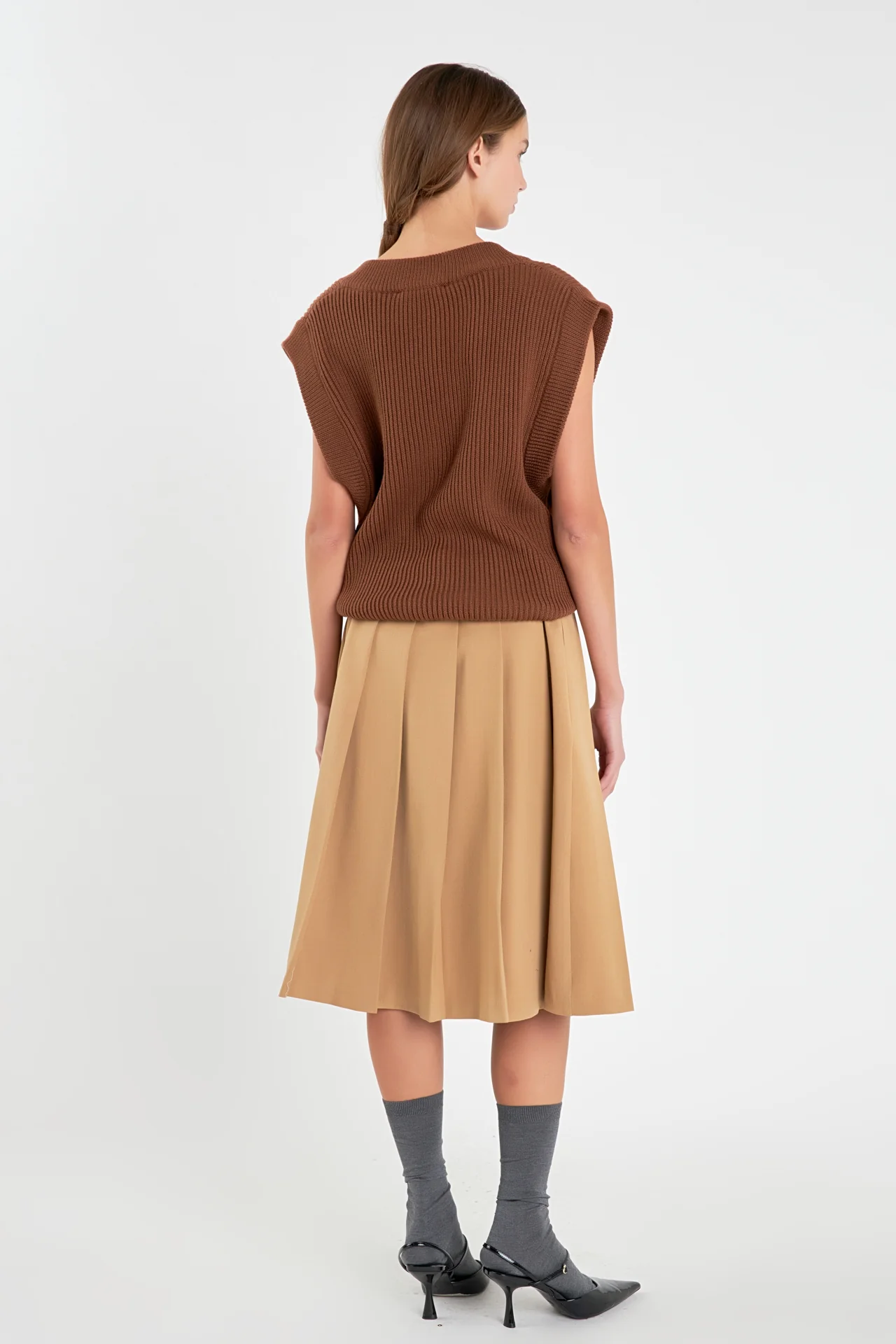 Low Waist Pleated Midi Skirt in Tan - Image 4