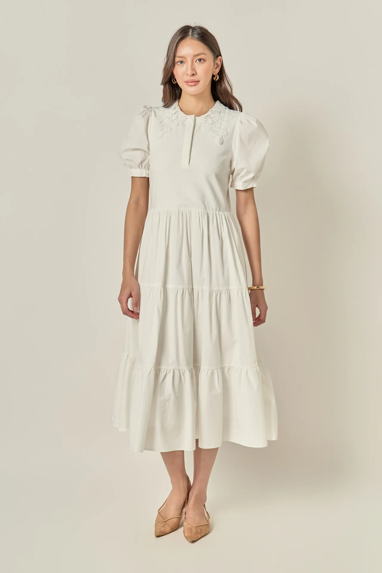 Mixed Media Embroidered Collar Midi Dress - Image 5