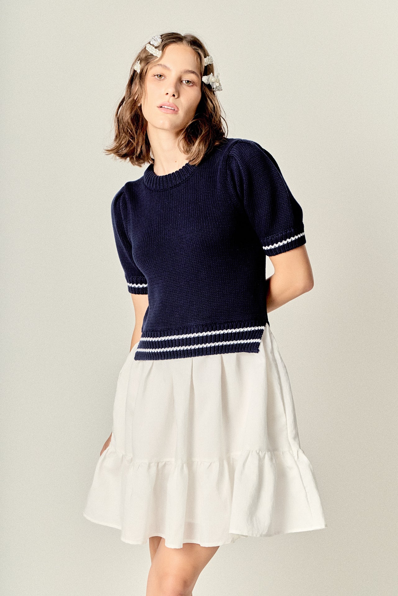 Mixed Media Puff Sleeve Mini Dress - Image 5