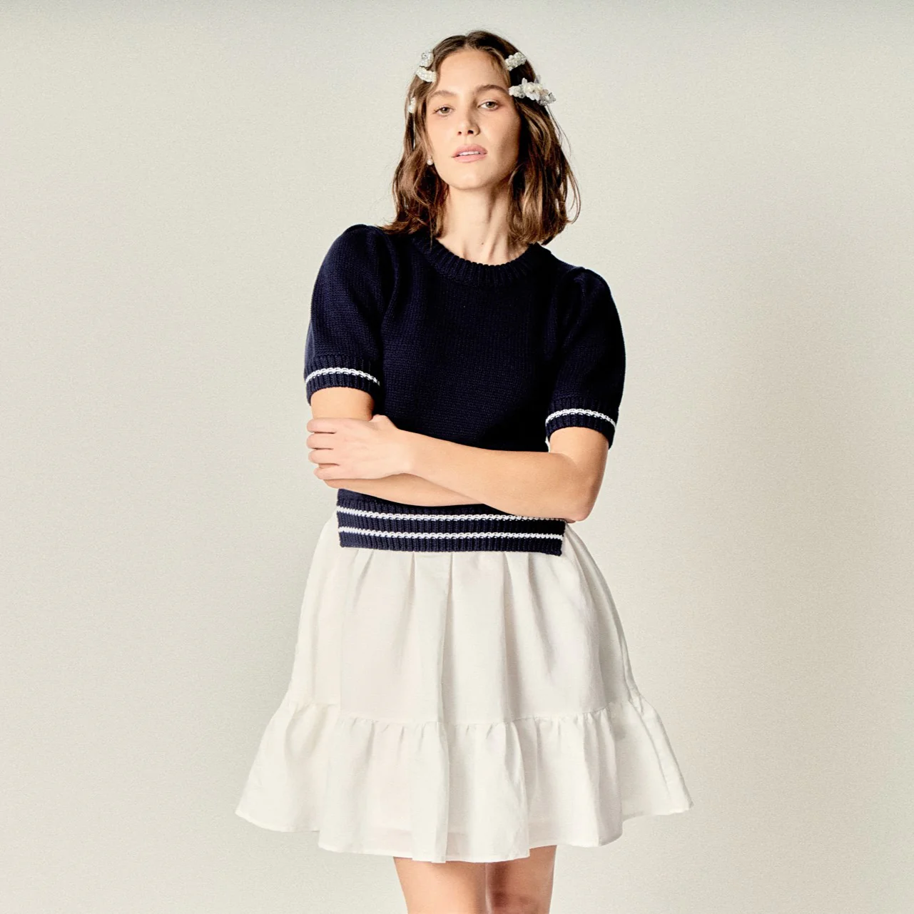 Mixed Media Puff Sleeve Mini Dress - Image 6