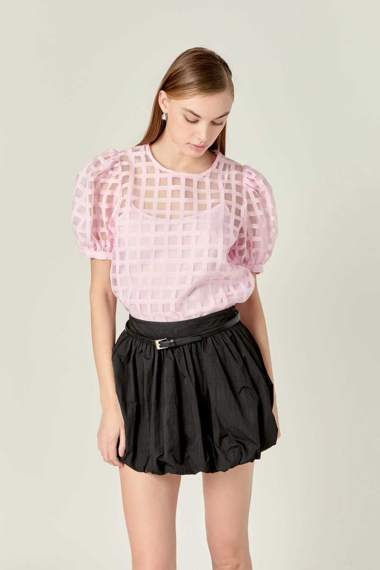 Puff Sleeve Plaid Sheer Top - Image 11