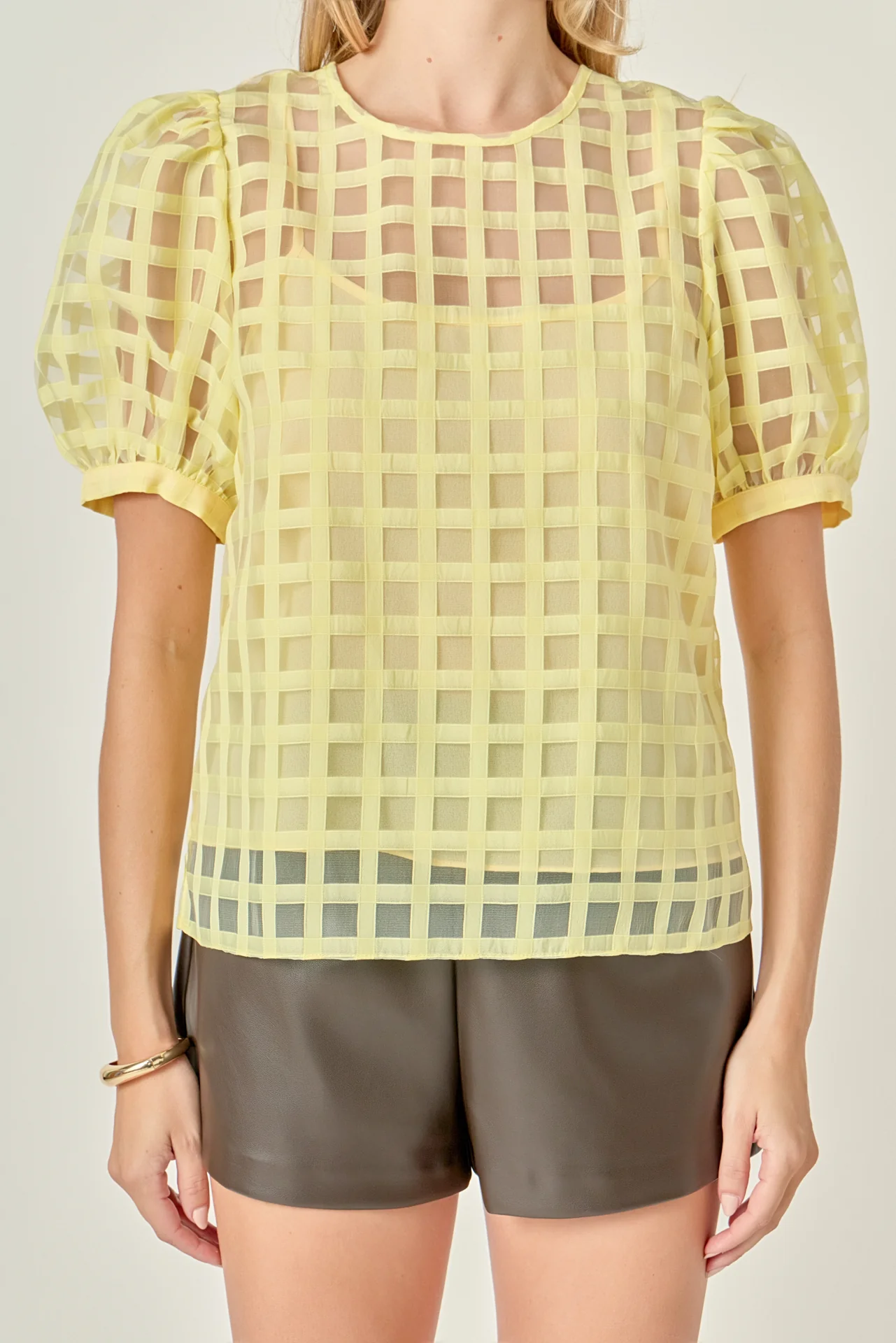 Puff Sleeve Plaid Sheer Top - Image 13