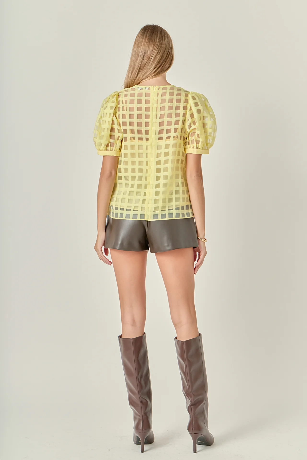 Puff Sleeve Plaid Sheer Top - Image 15
