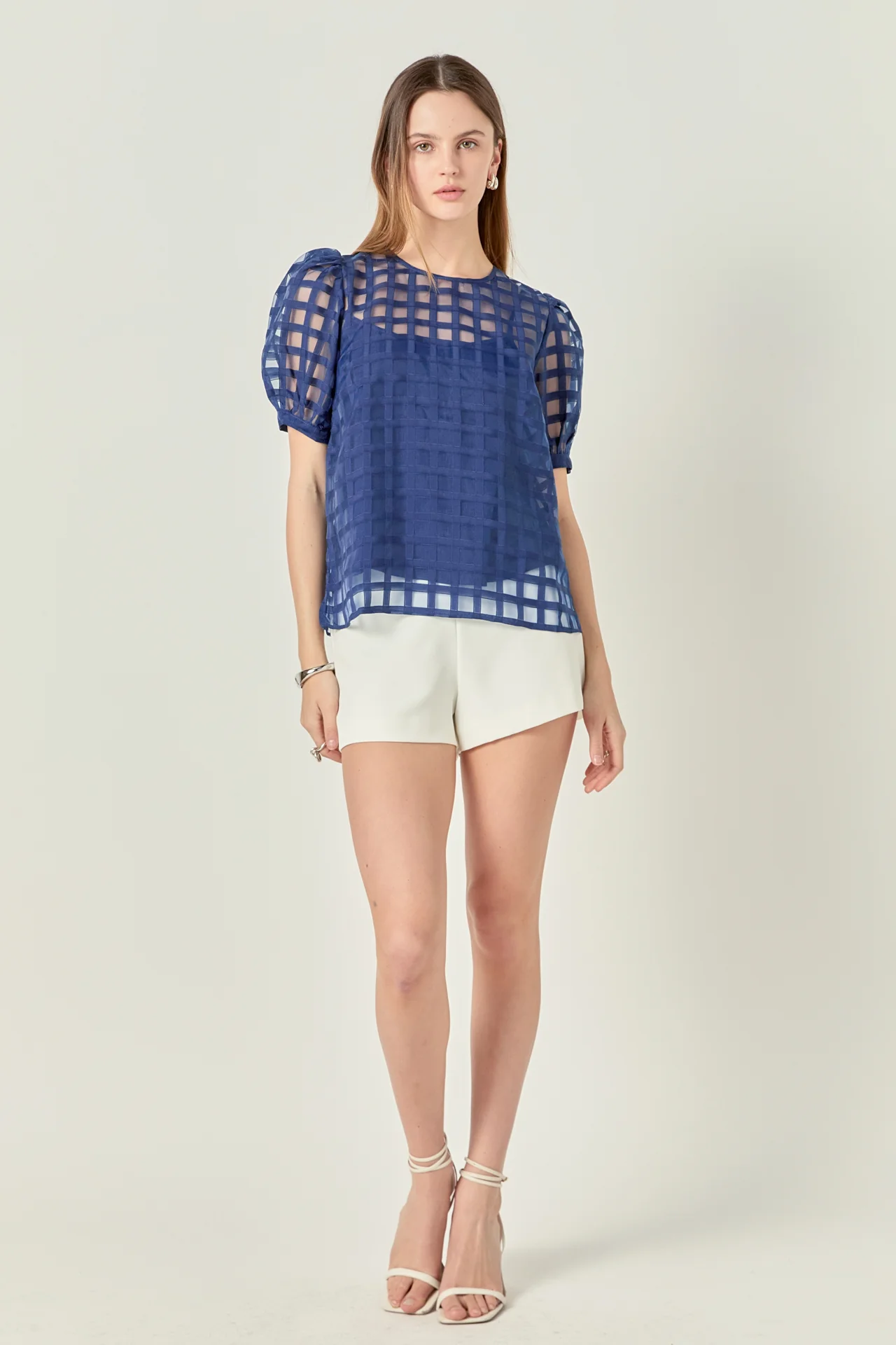 Puff Sleeve Plaid Sheer Top - Image 17