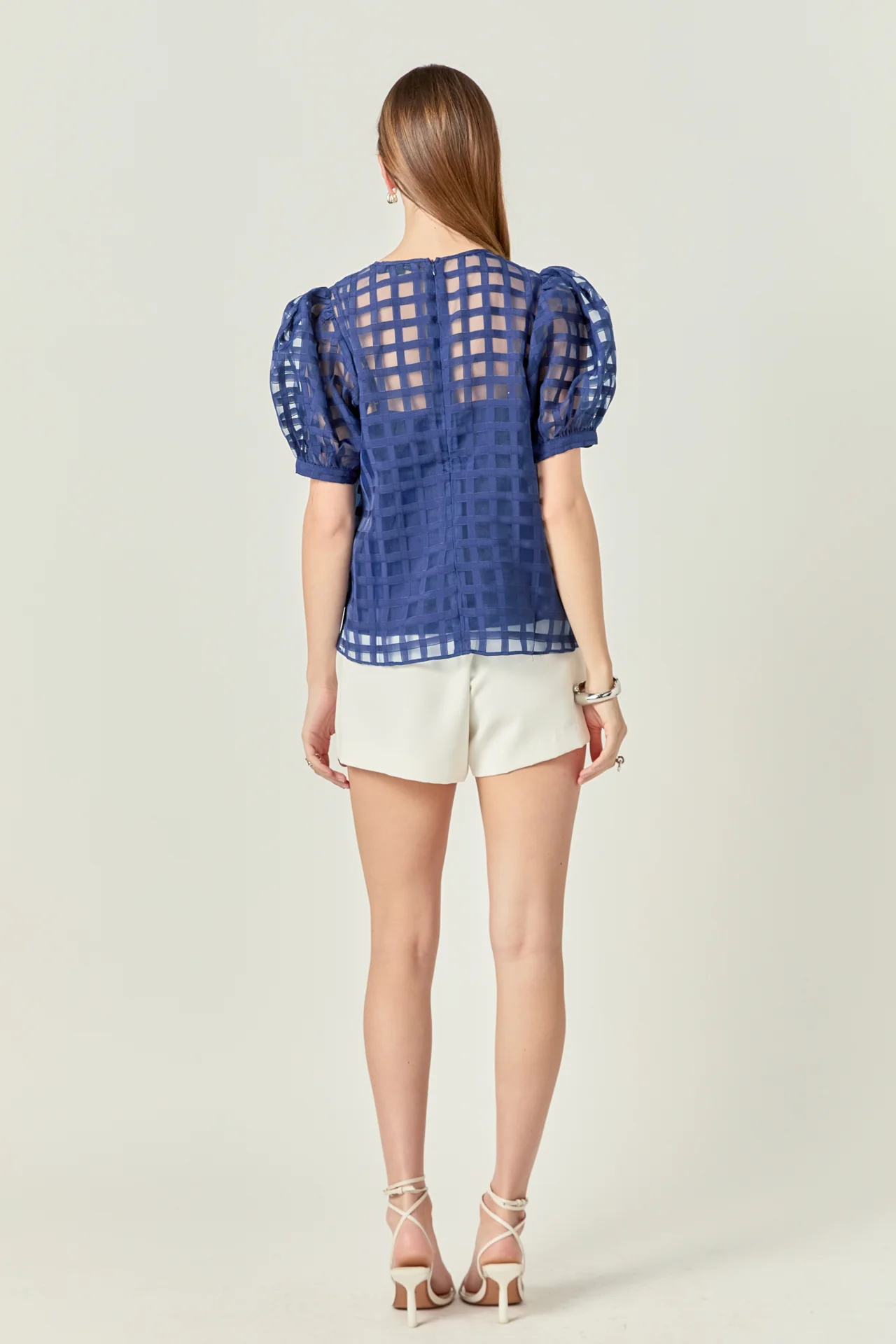 Puff Sleeve Plaid Sheer Top - Image 20