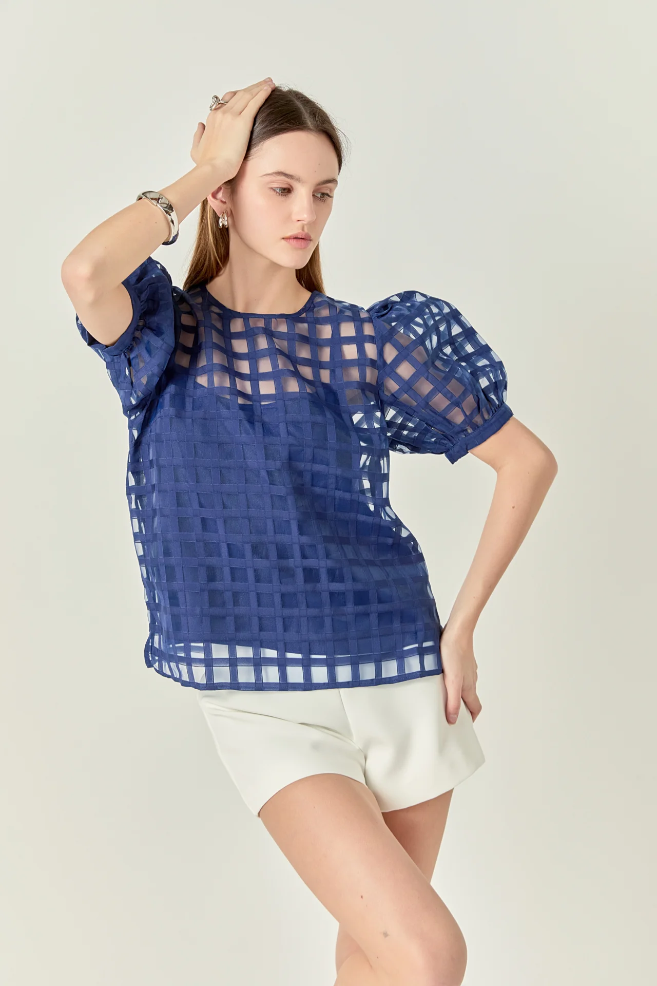Puff Sleeve Plaid Sheer Top - Image 21