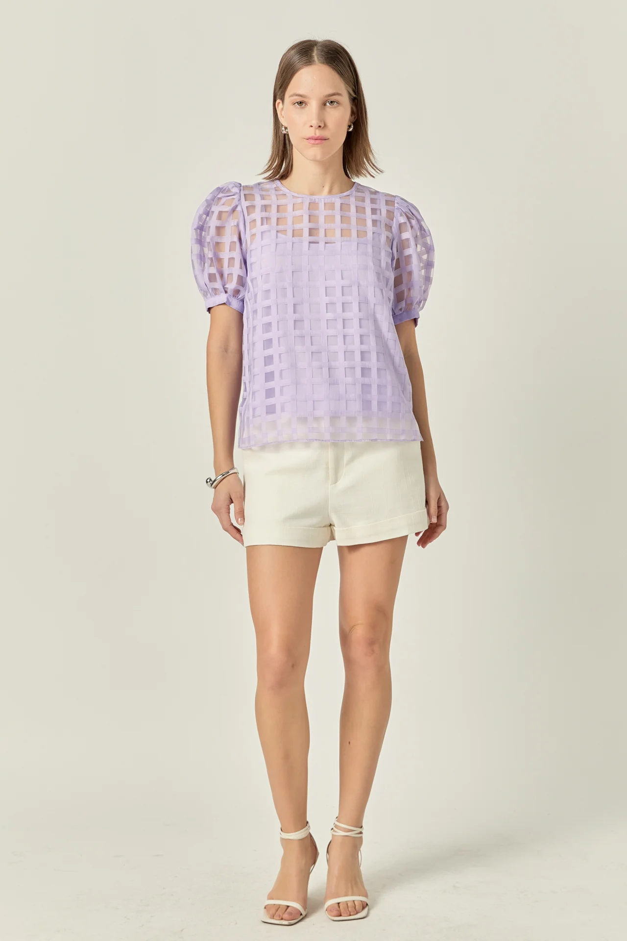 Puff Sleeve Plaid Sheer Top - Image 22