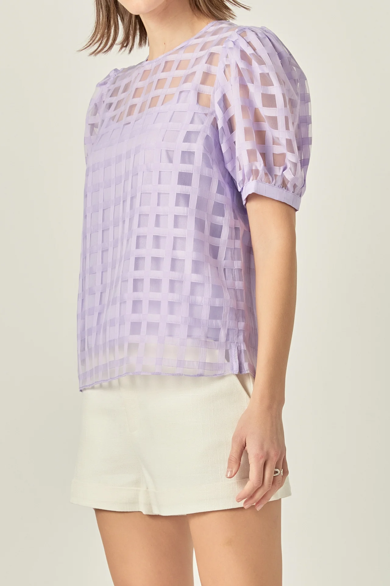 Puff Sleeve Plaid Sheer Top - Image 23