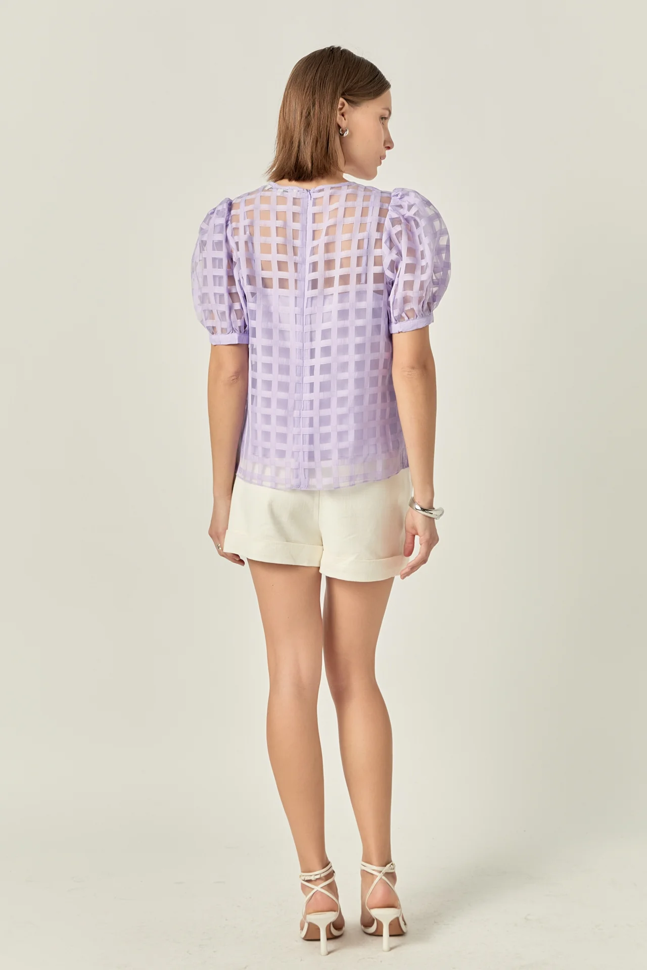 Puff Sleeve Plaid Sheer Top - Image 25