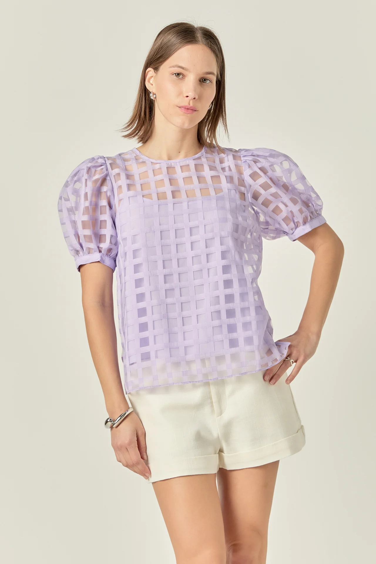 Puff Sleeve Plaid Sheer Top - Image 26