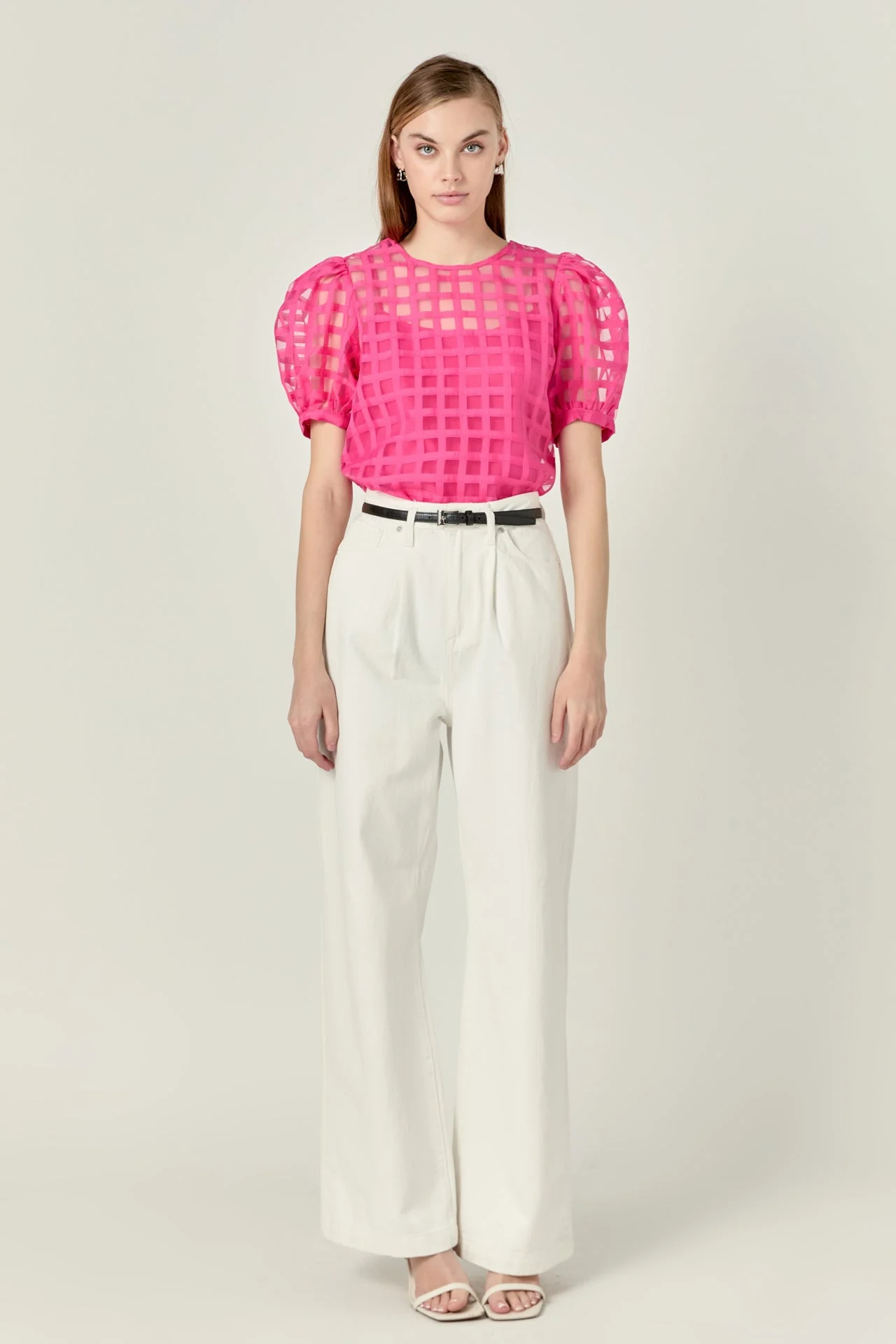 Puff Sleeve Plaid Sheer Top - Image 27