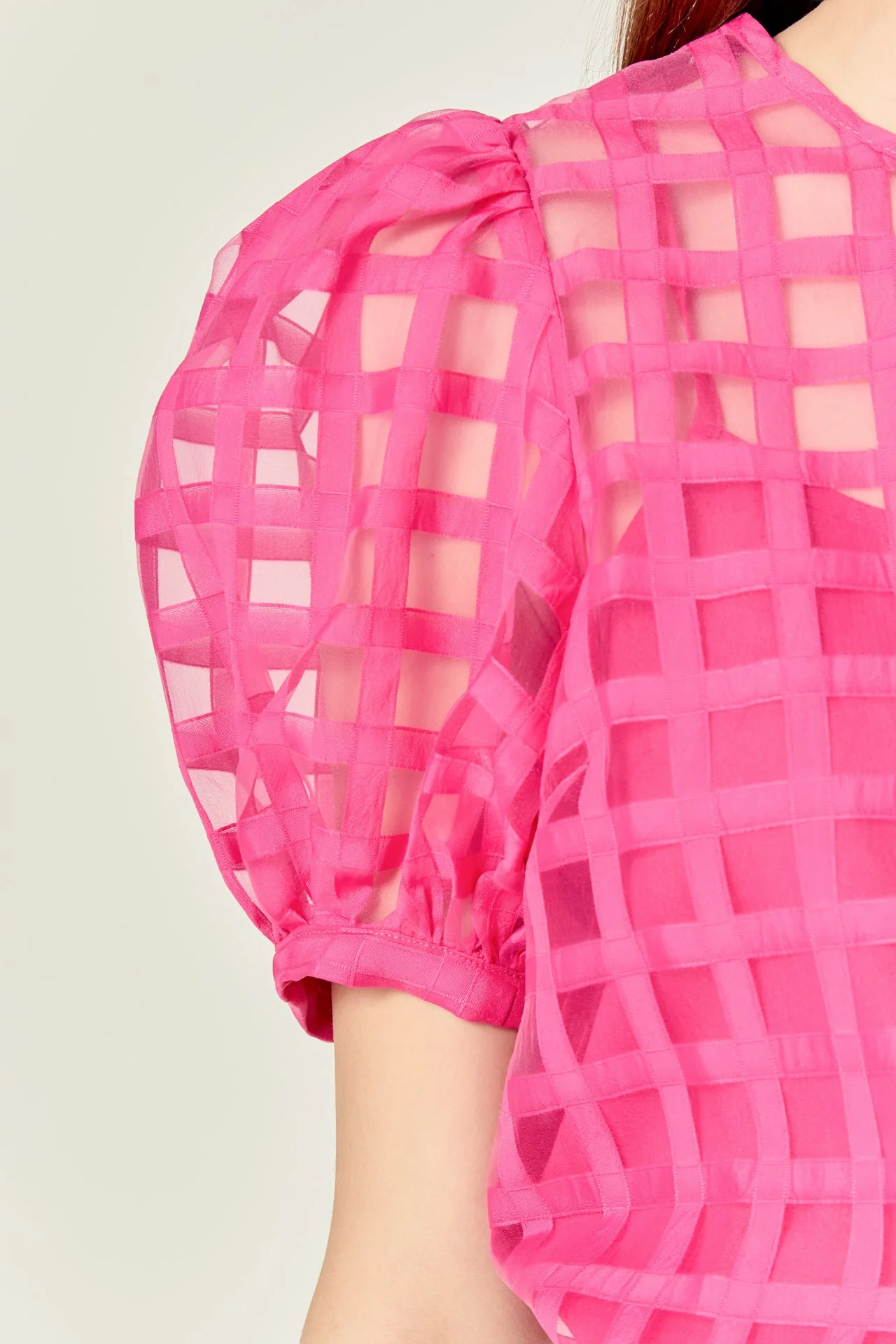 Puff Sleeve Plaid Sheer Top - Image 28