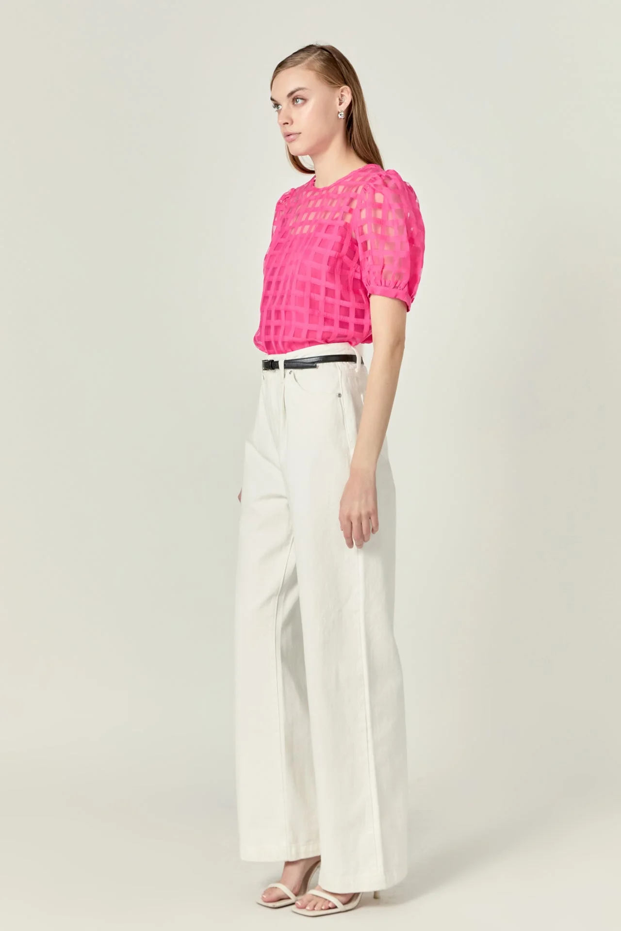 Puff Sleeve Plaid Sheer Top - Image 29