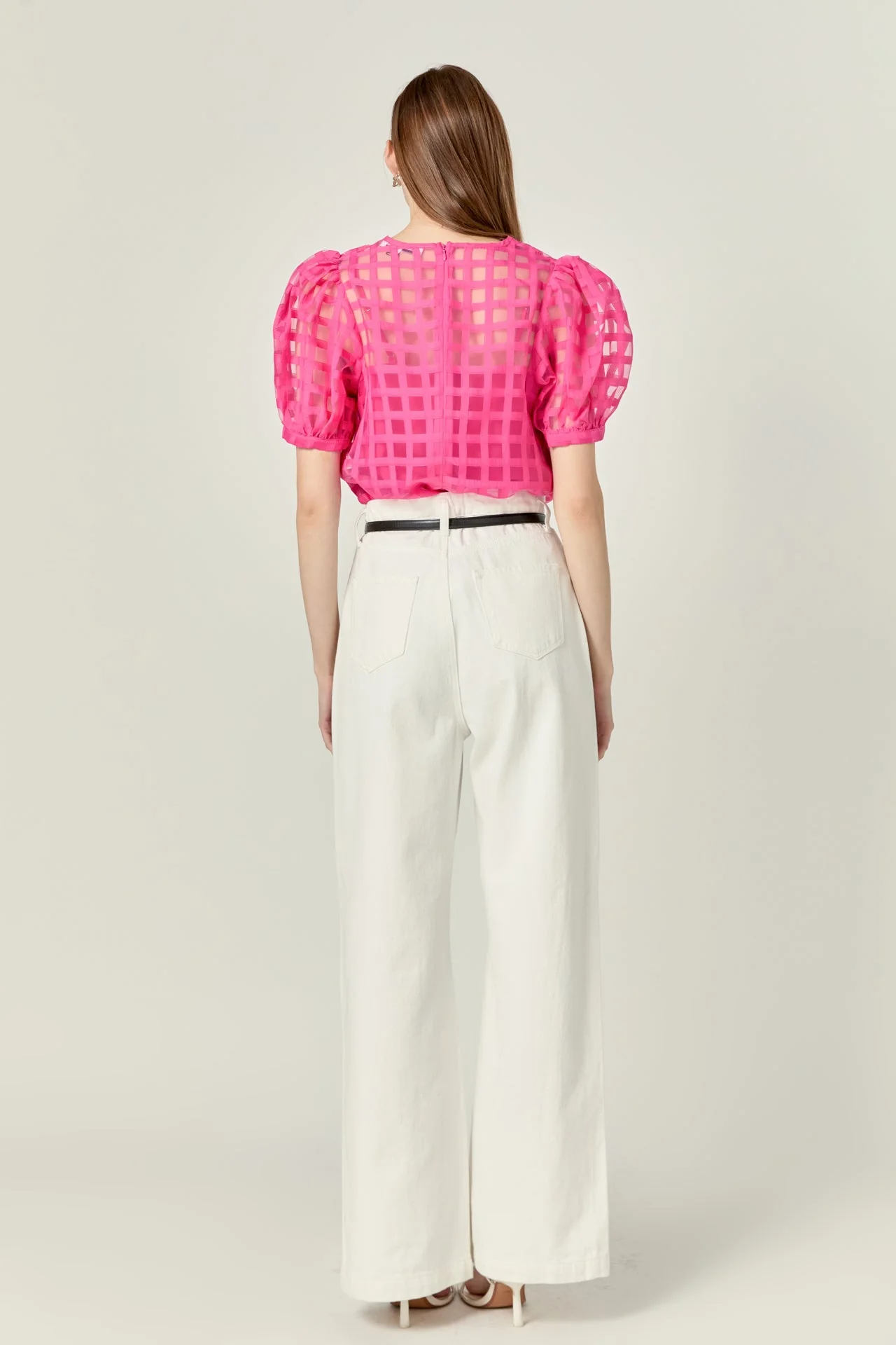 Puff Sleeve Plaid Sheer Top - Image 30
