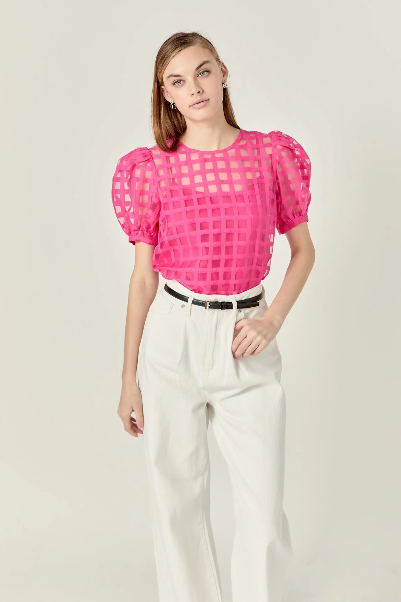 Puff Sleeve Plaid Sheer Top - Image 31