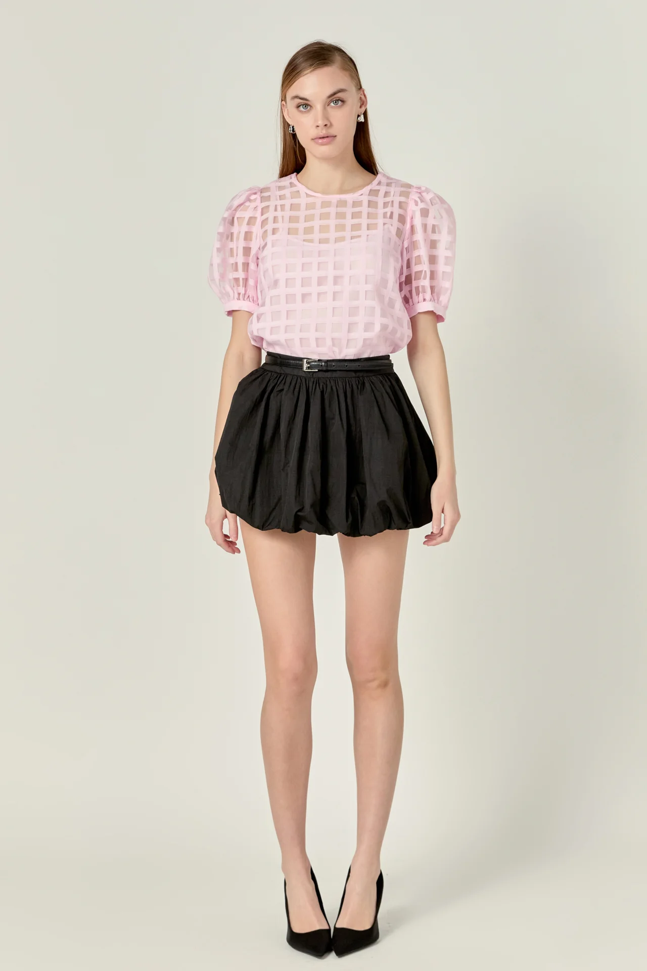Puff Sleeve Plaid Sheer Top - Image 32