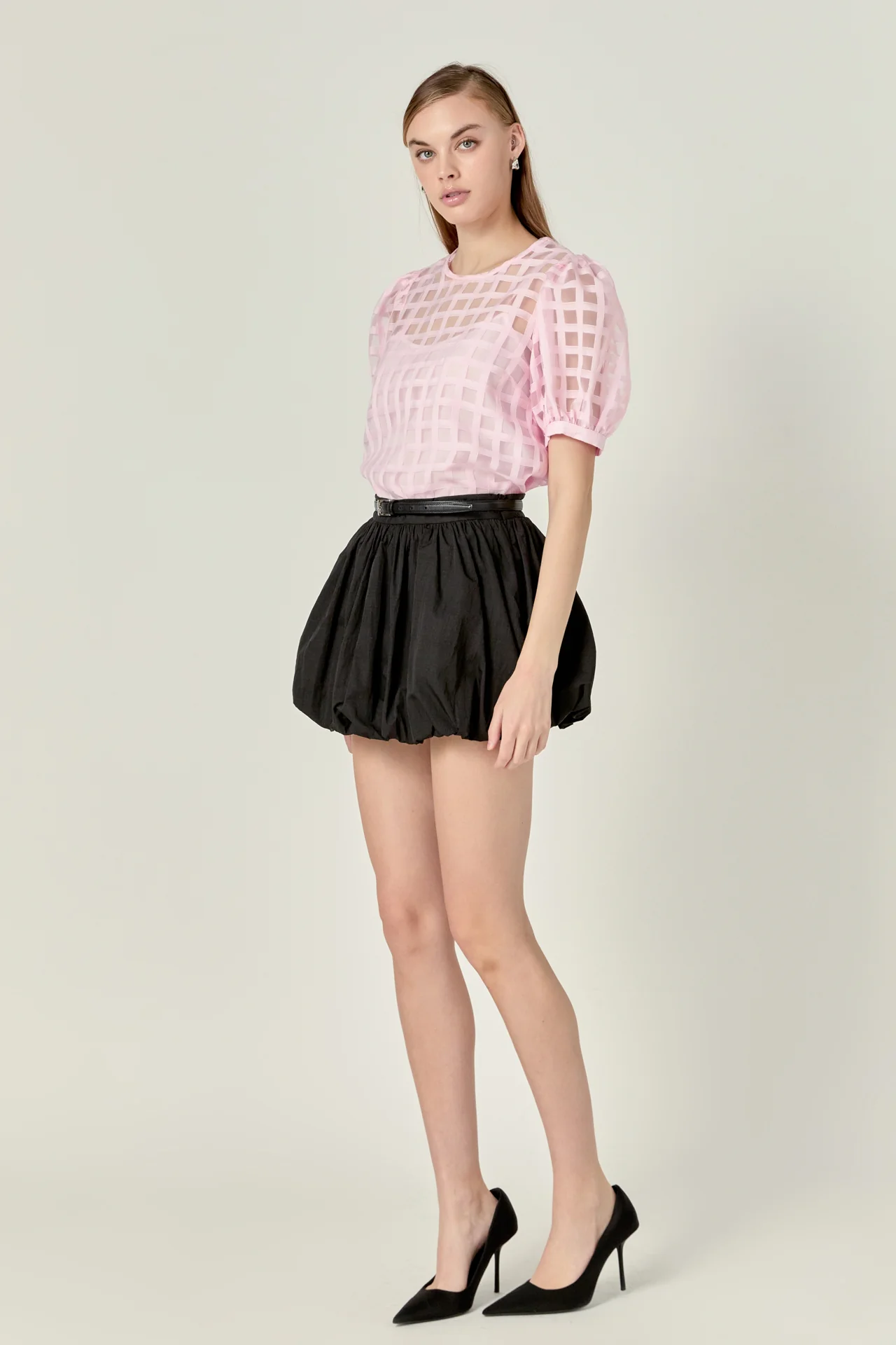 Puff Sleeve Plaid Sheer Top - Image 34