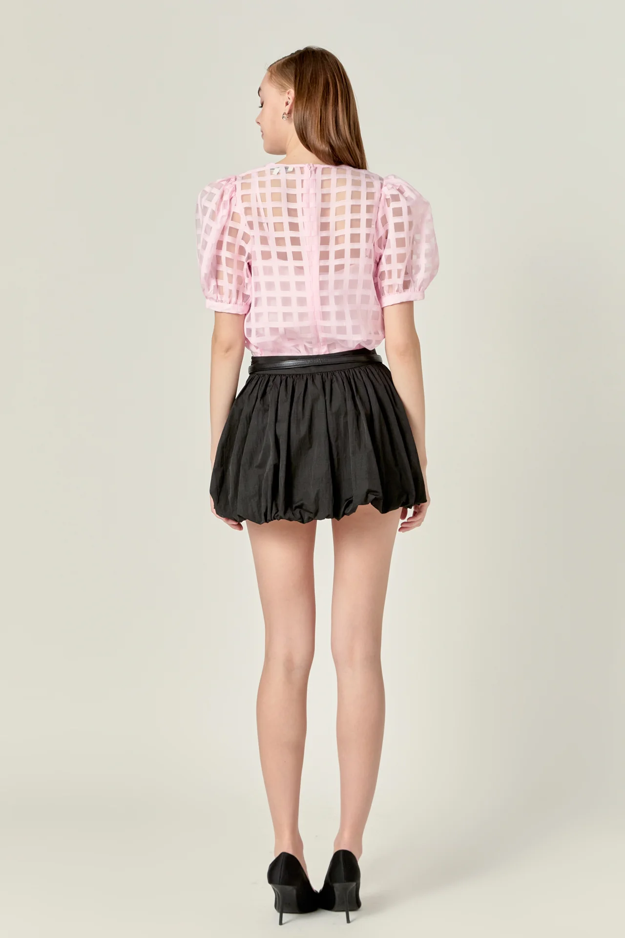 Puff Sleeve Plaid Sheer Top - Image 35