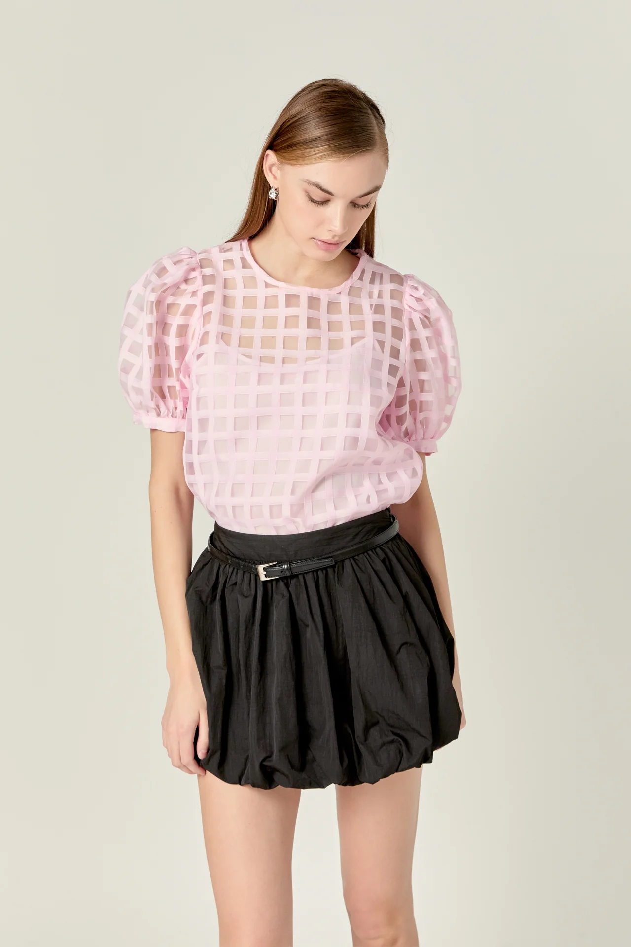 Puff Sleeve Plaid Sheer Top - Image 36