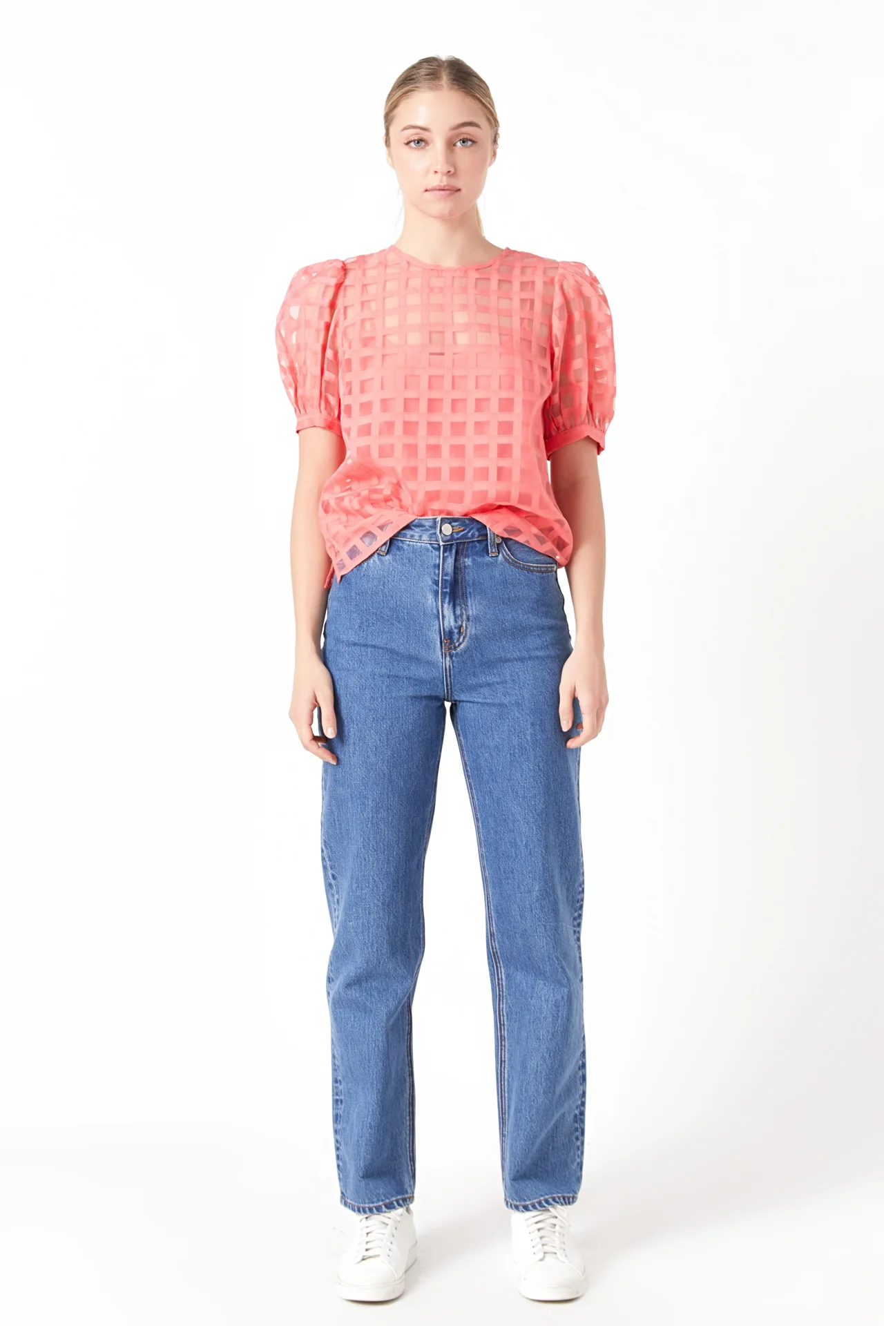 Puff Sleeve Plaid Sheer Top - Image 37