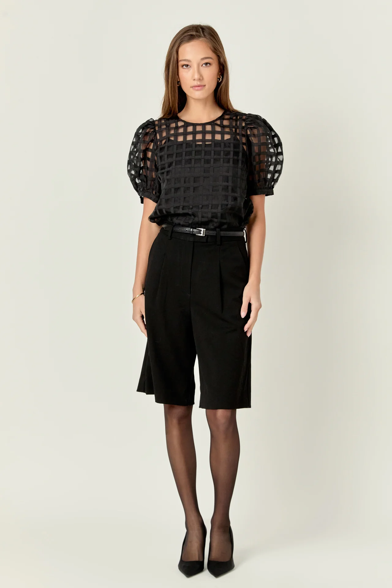 Puff Sleeve Plaid Sheer Top - Image 38