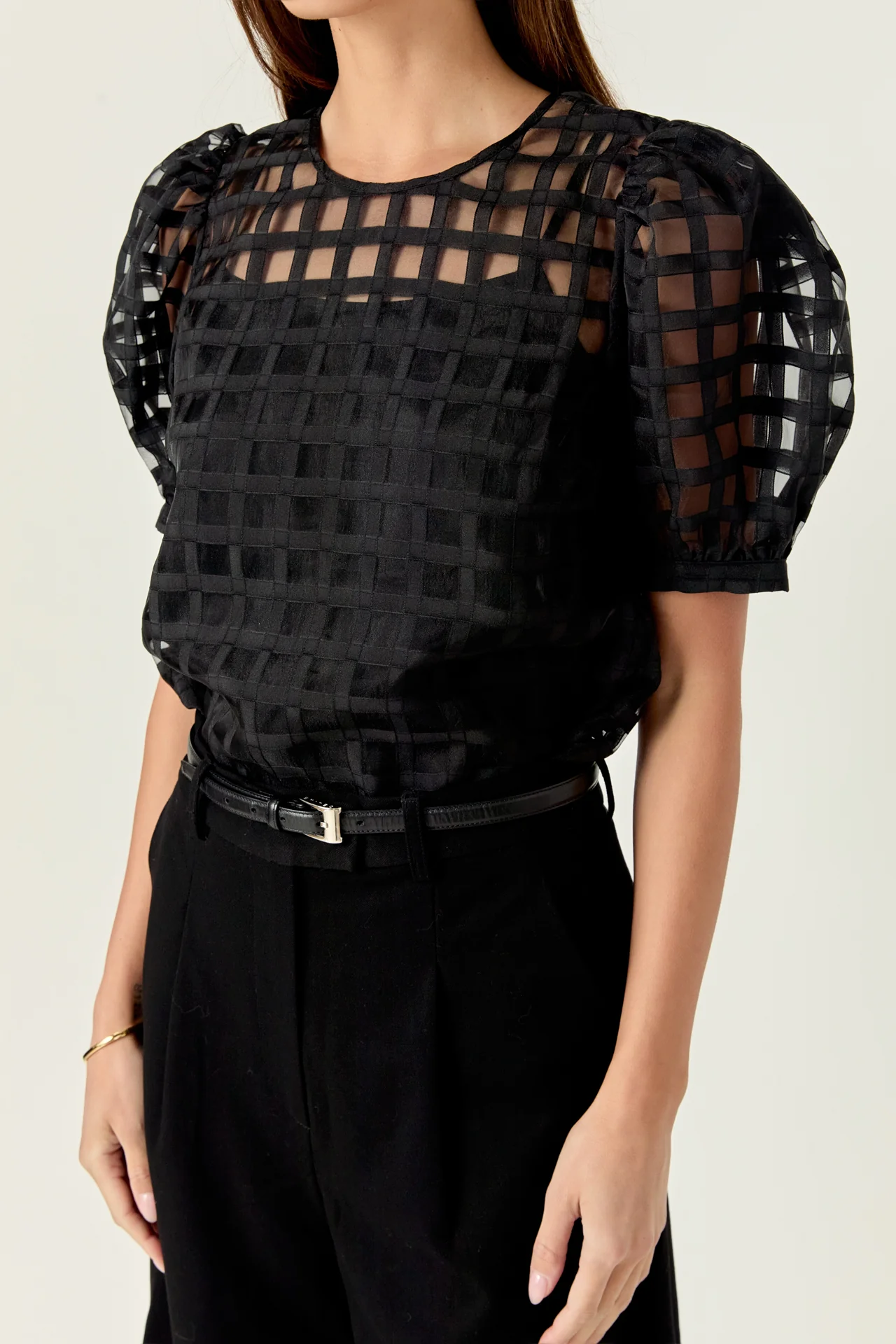 Puff Sleeve Plaid Sheer Top - Image 39