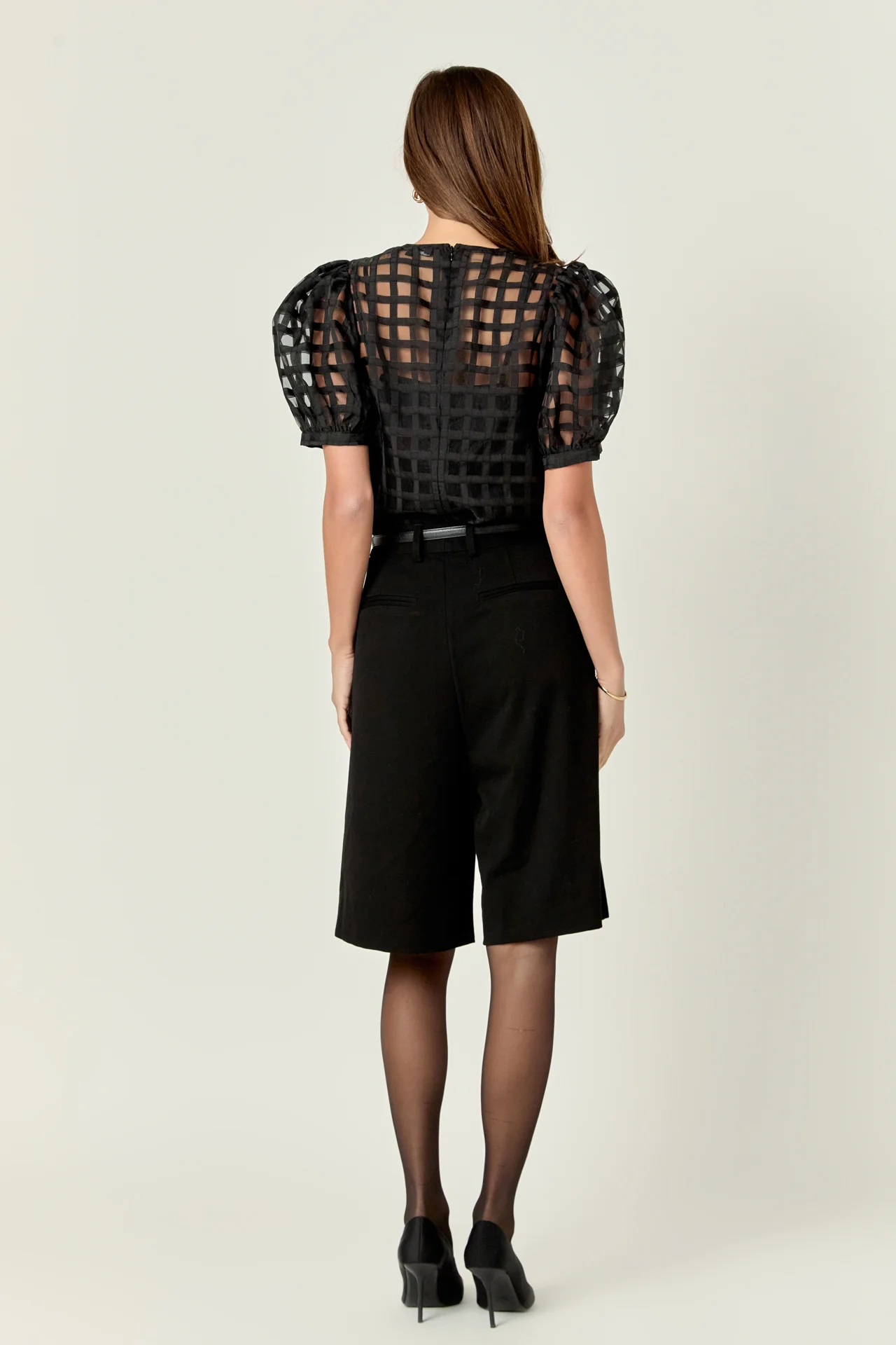 Puff Sleeve Plaid Sheer Top - Image 41