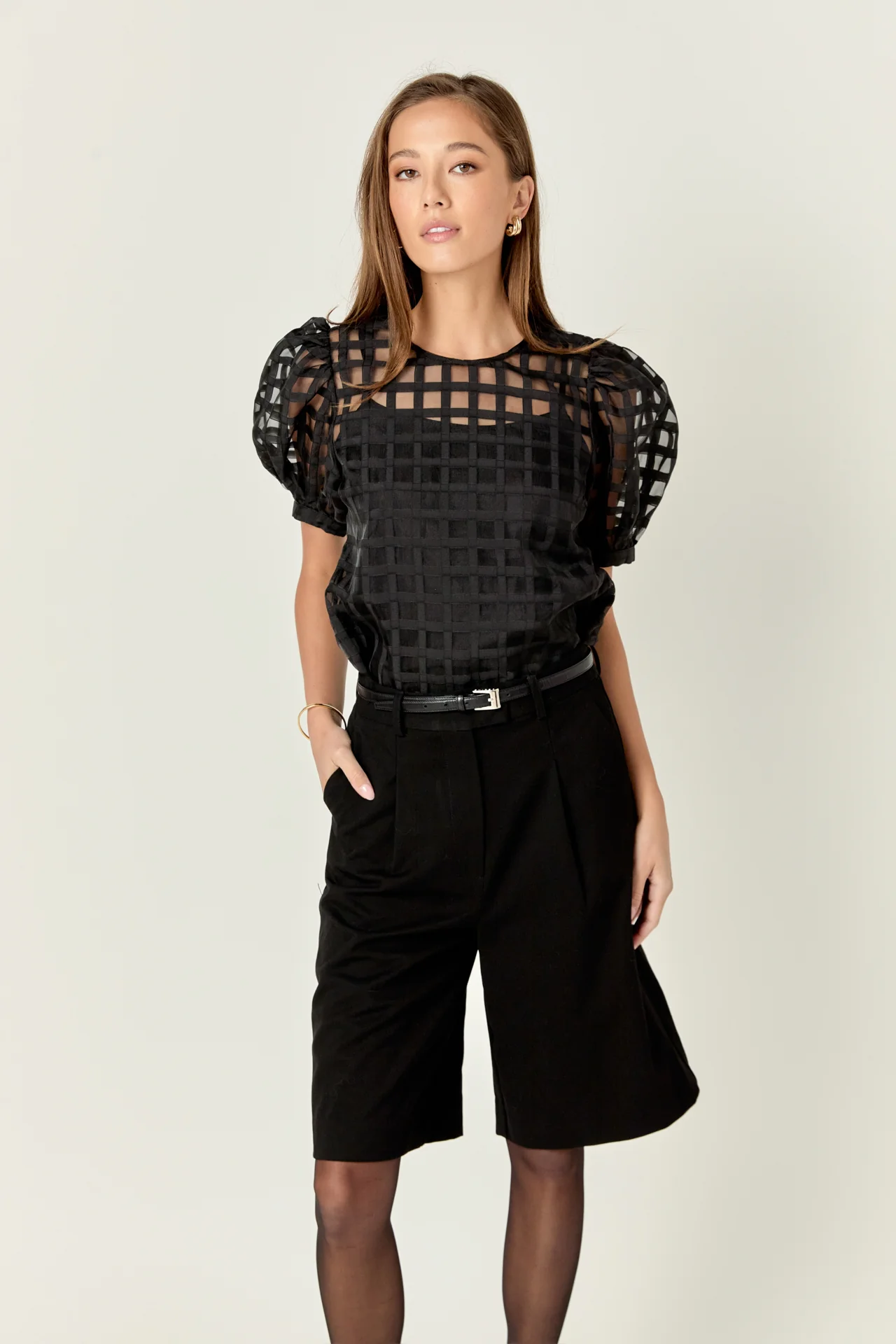 Puff Sleeve Plaid Sheer Top - Image 42