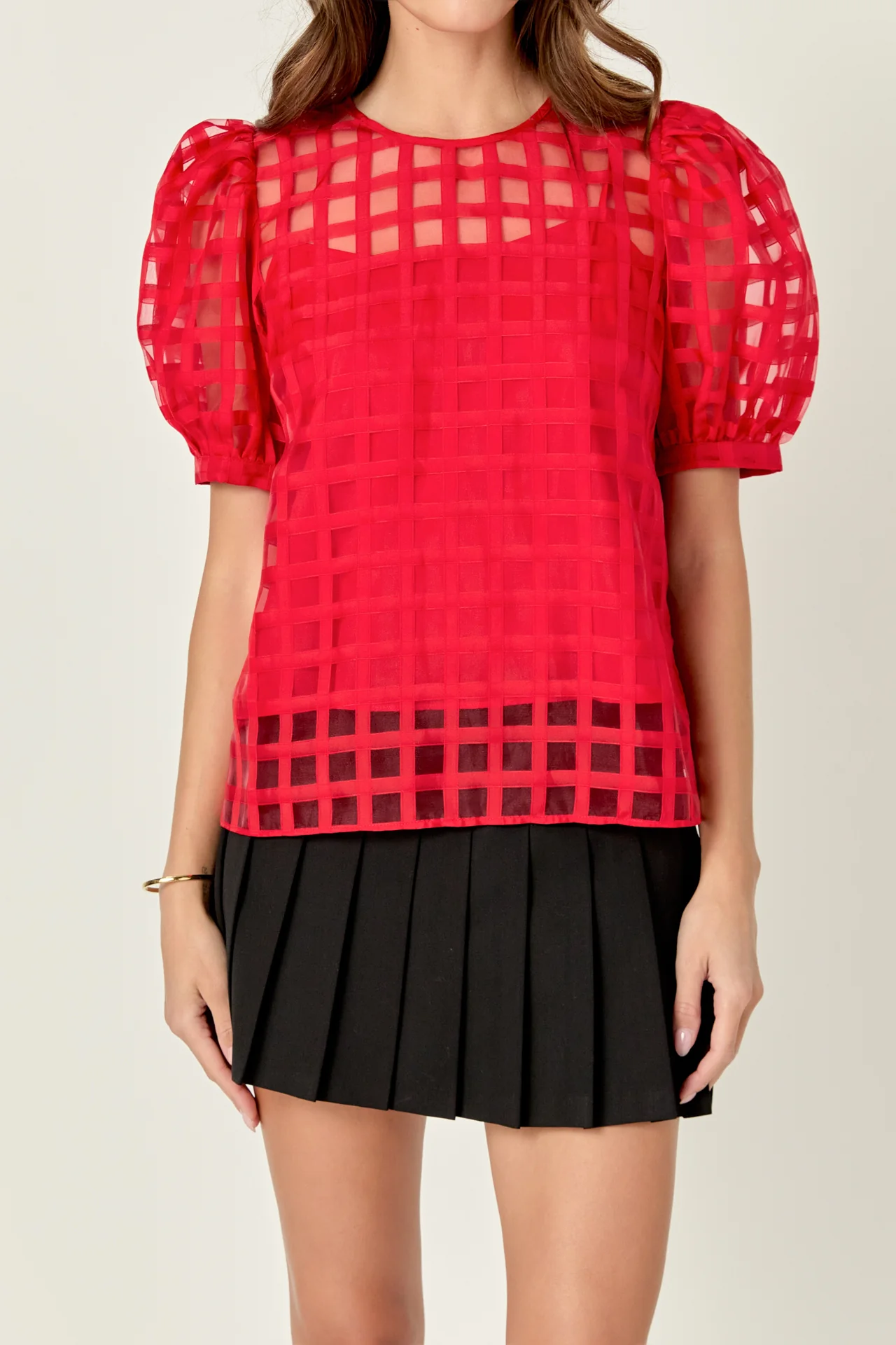 Puff Sleeve Plaid Sheer Top - Image 44