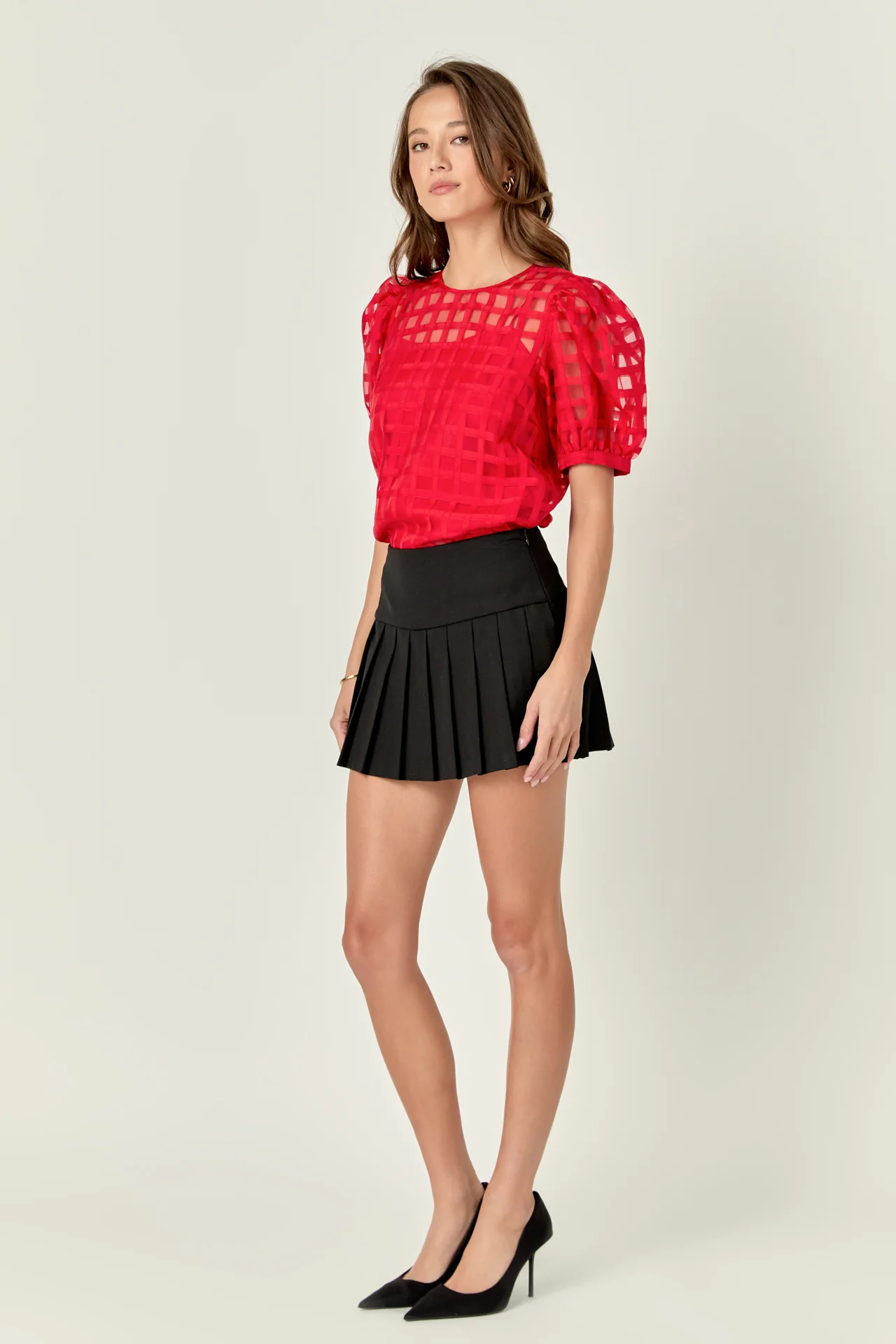 Puff Sleeve Plaid Sheer Top - Image 45