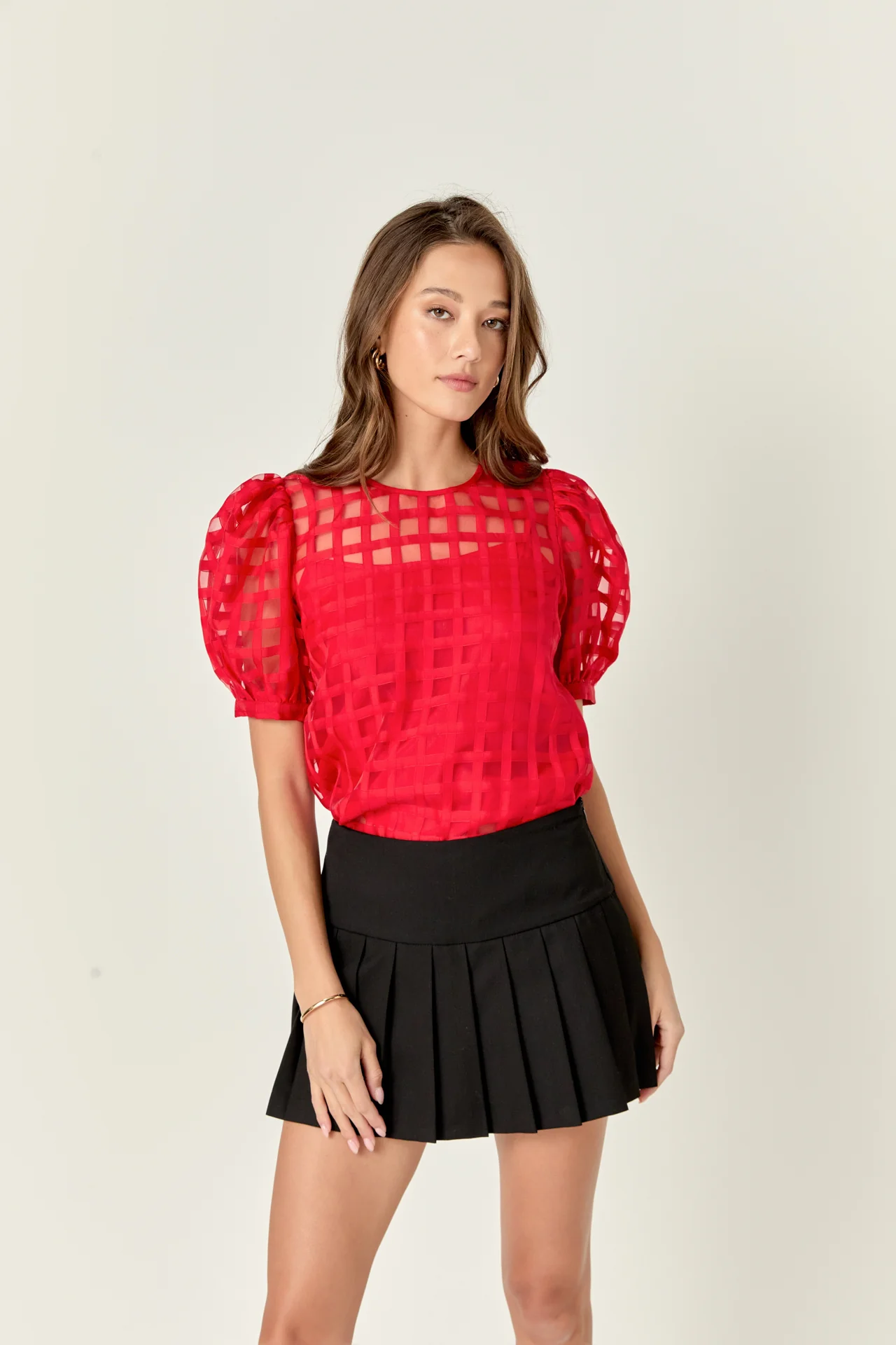Puff Sleeve Plaid Sheer Top - Image 47