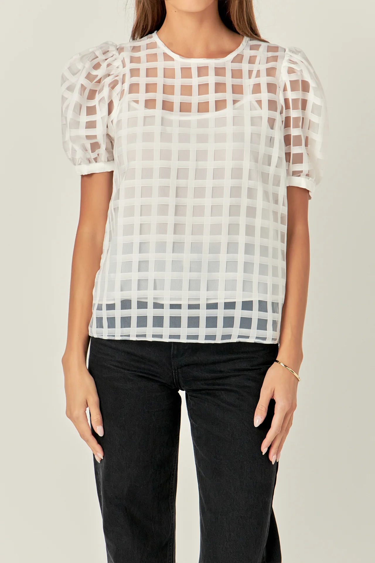 Puff Sleeve Plaid Sheer Top - Image 49