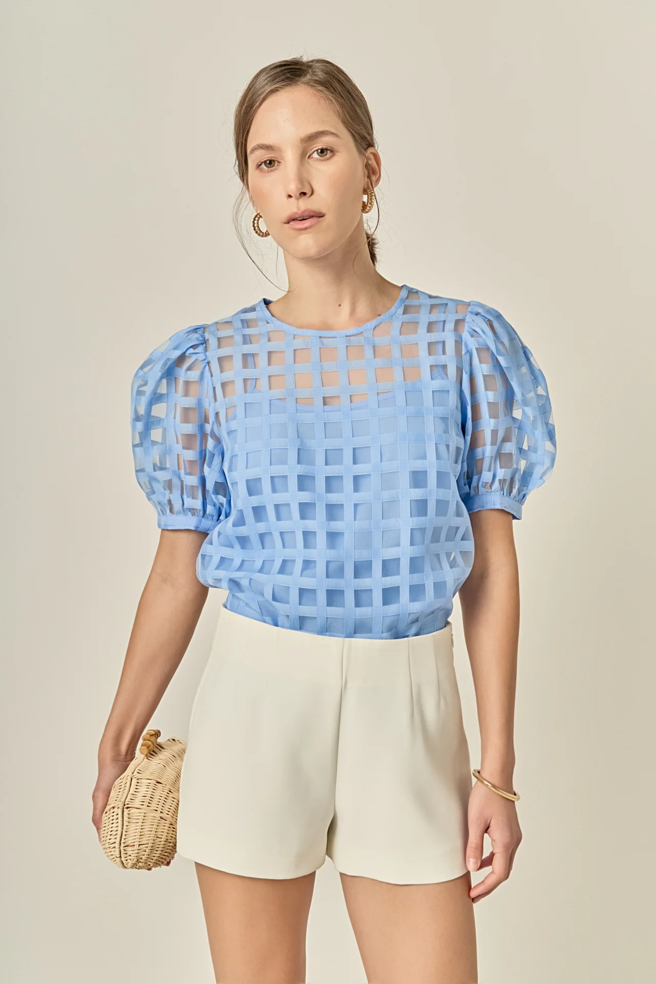 Puff Sleeve Plaid Sheer Top - Image 5