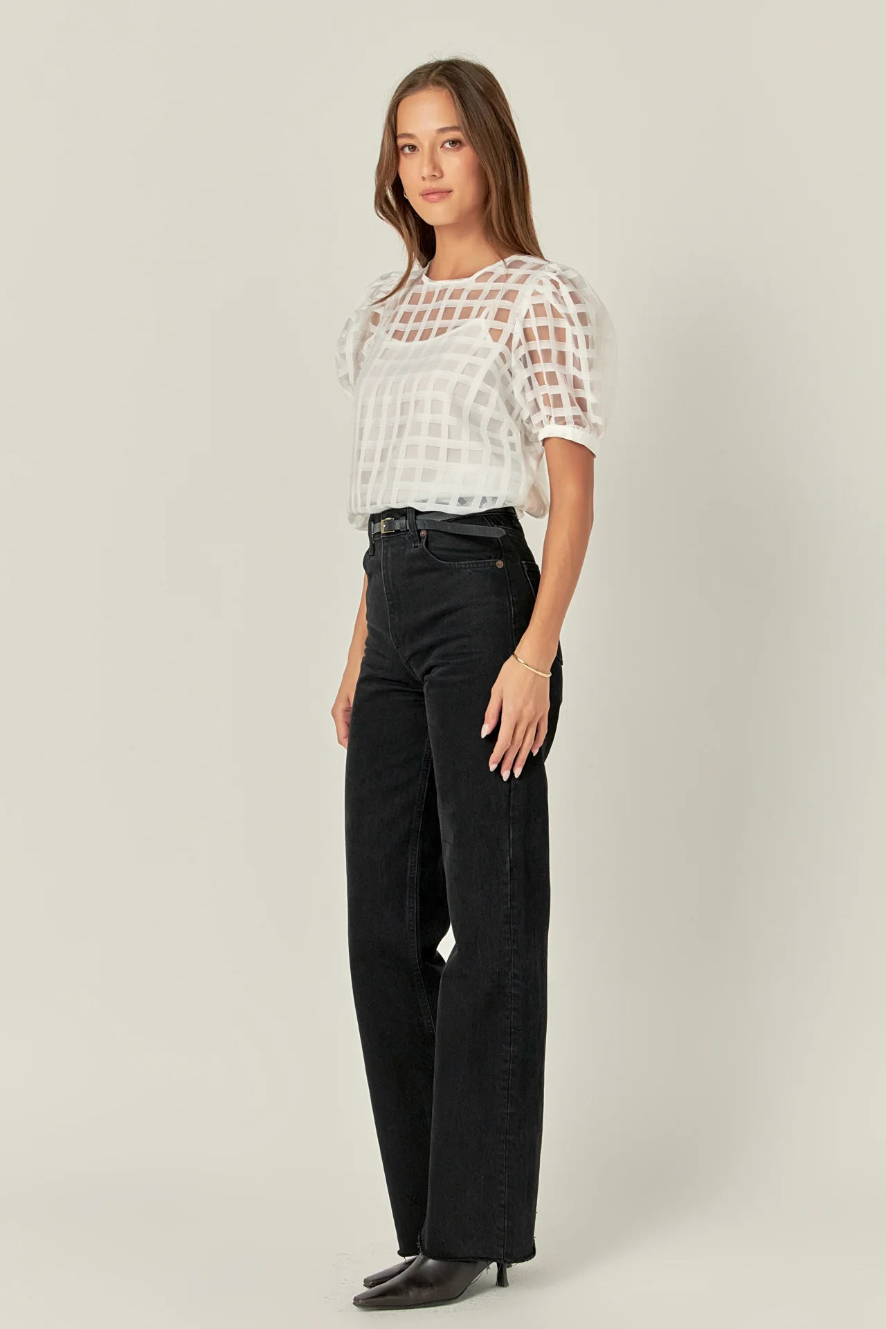 Puff Sleeve Plaid Sheer Top - Image 50