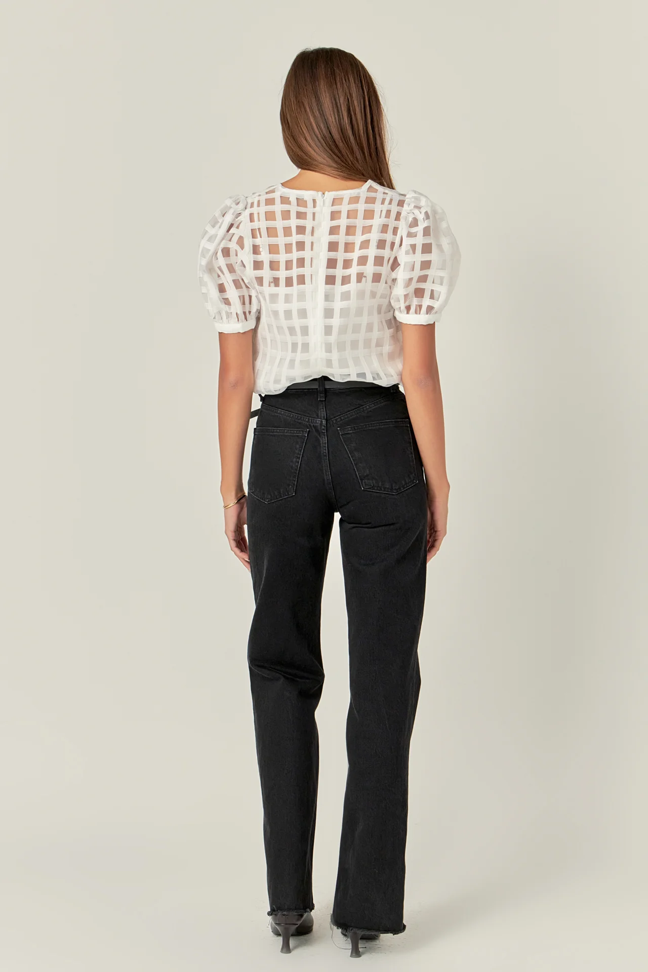 Puff Sleeve Plaid Sheer Top - Image 51