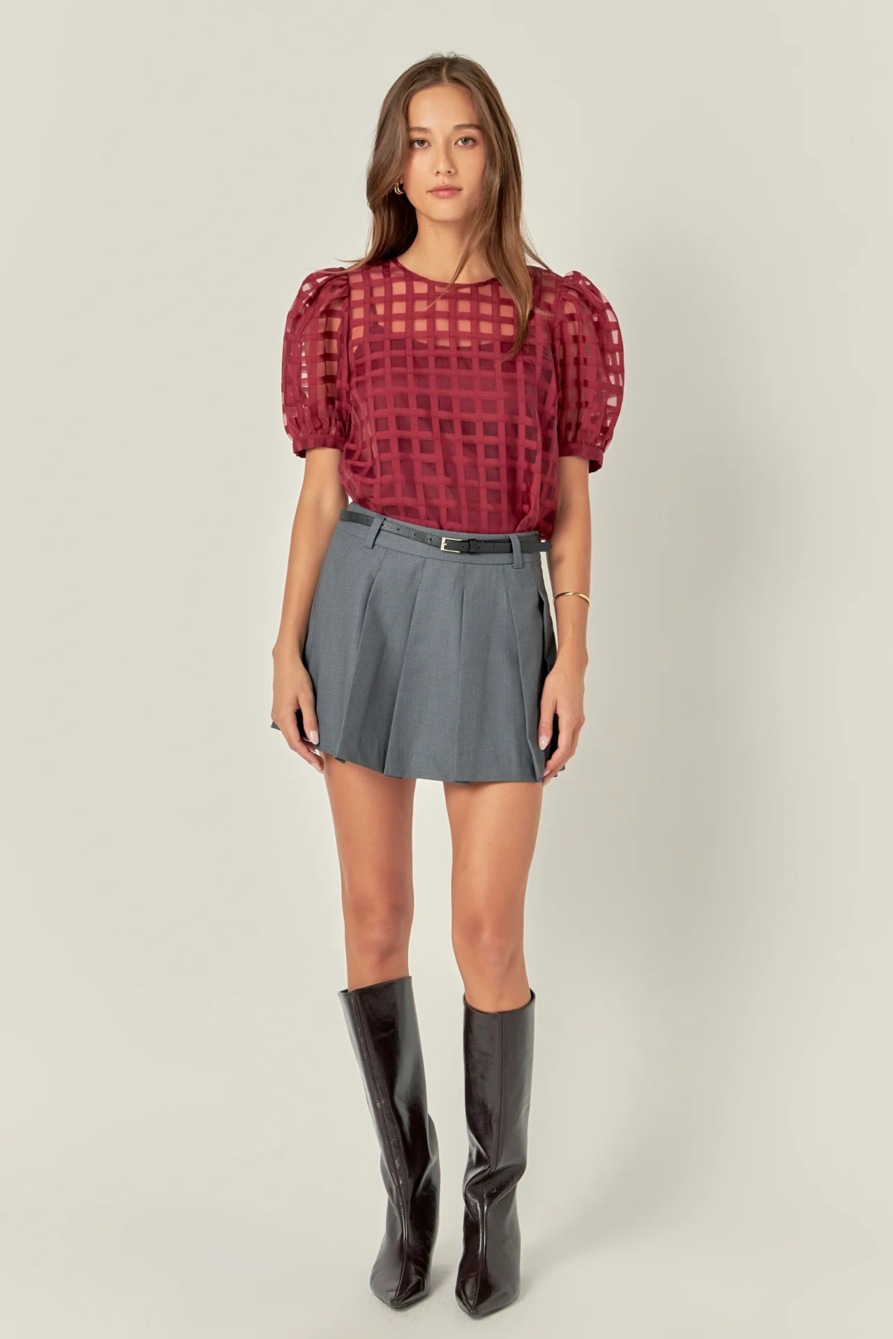 Puff Sleeve Plaid Sheer Top - Image 53