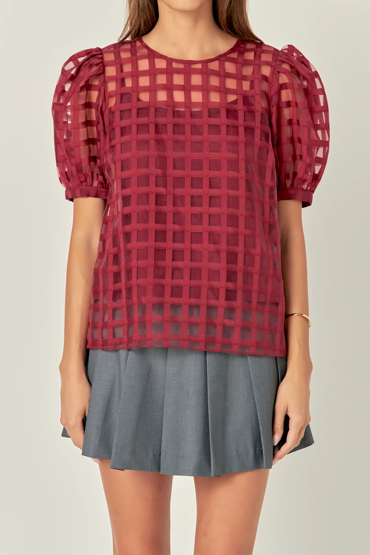Puff Sleeve Plaid Sheer Top - Image 54