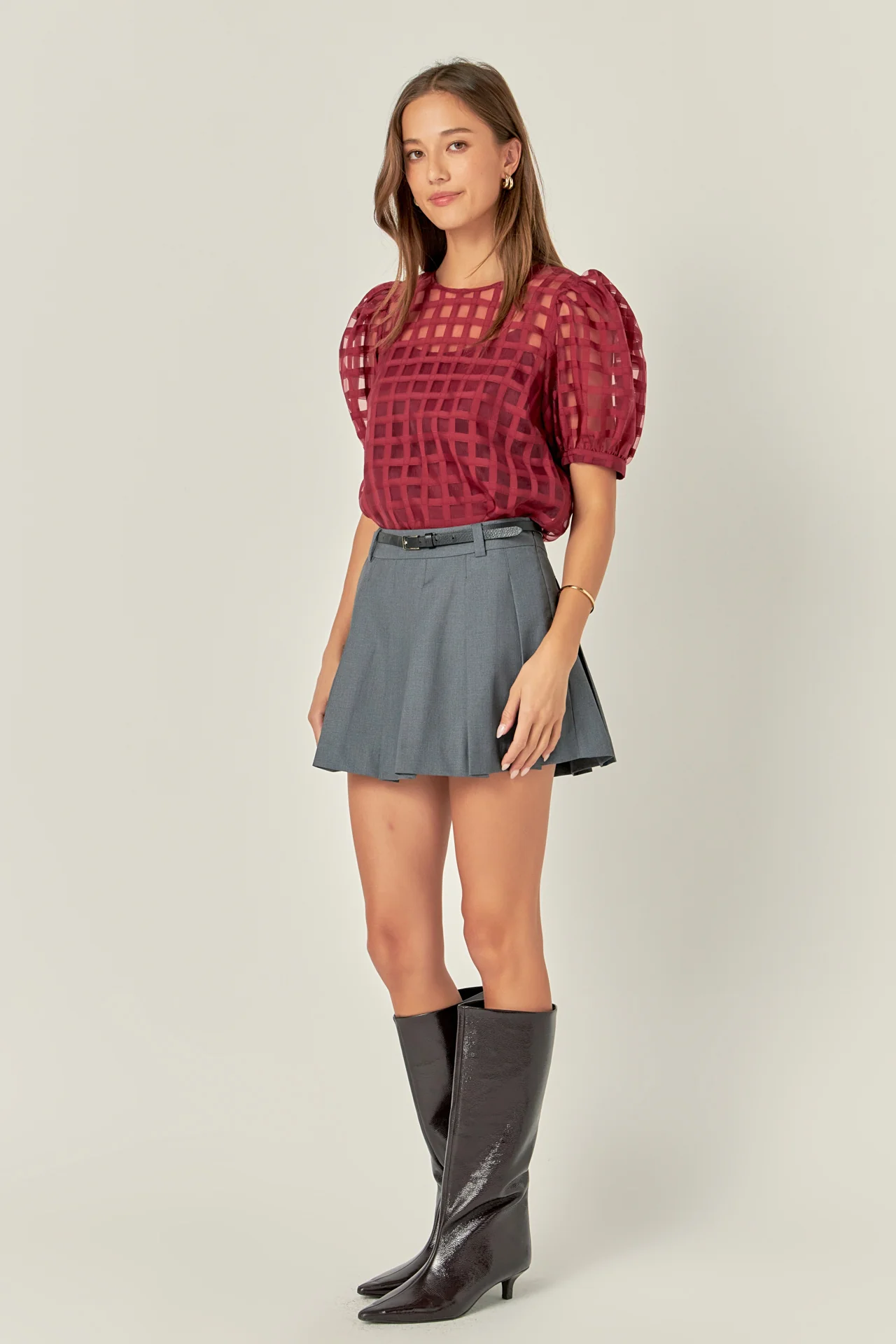 Puff Sleeve Plaid Sheer Top - Image 55