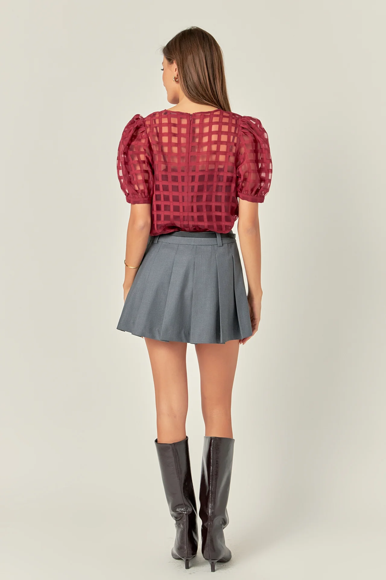 Puff Sleeve Plaid Sheer Top - Image 56